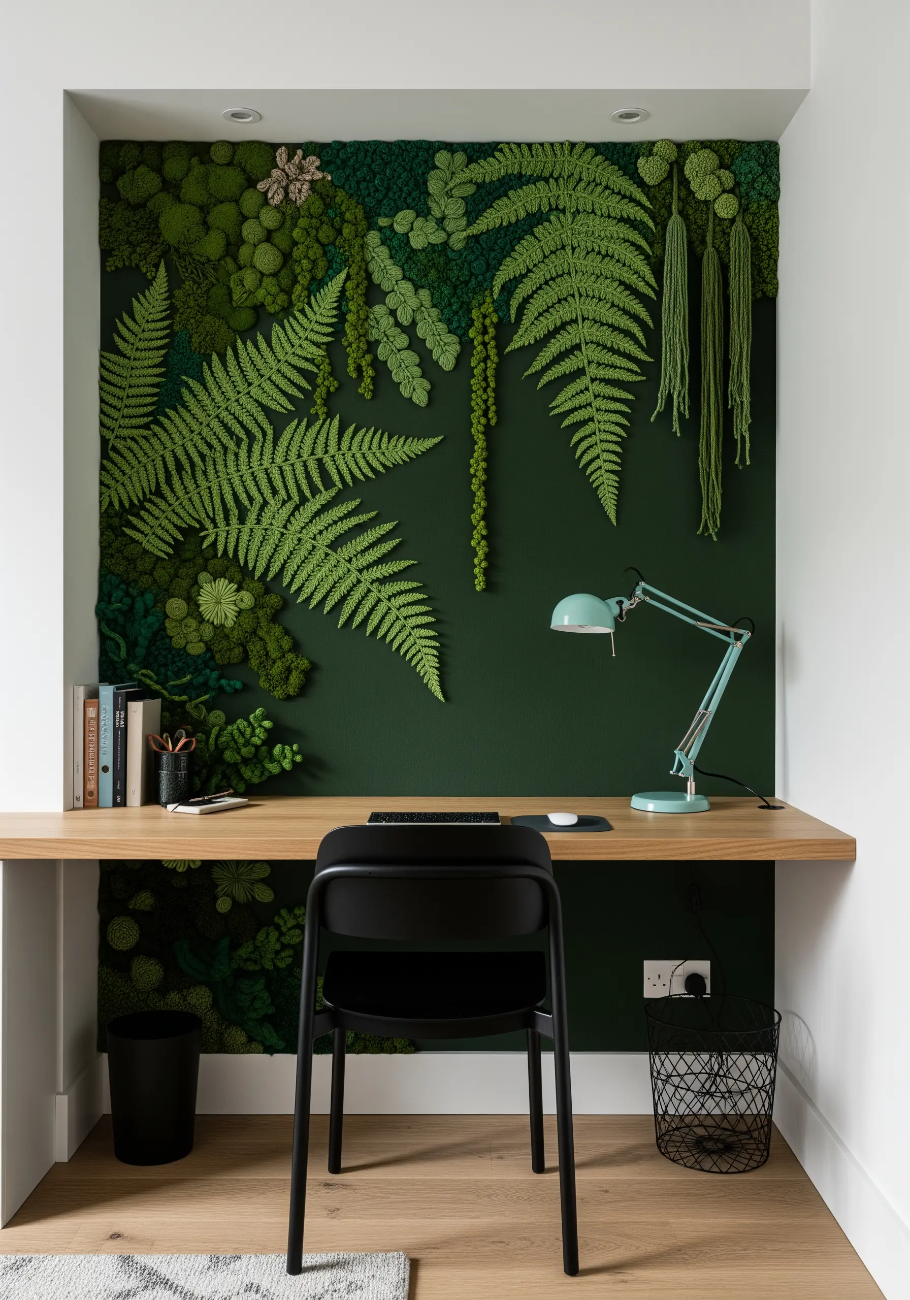 A dense, three-dimensional embroidery and fiber art installation of green ferns and mosses.