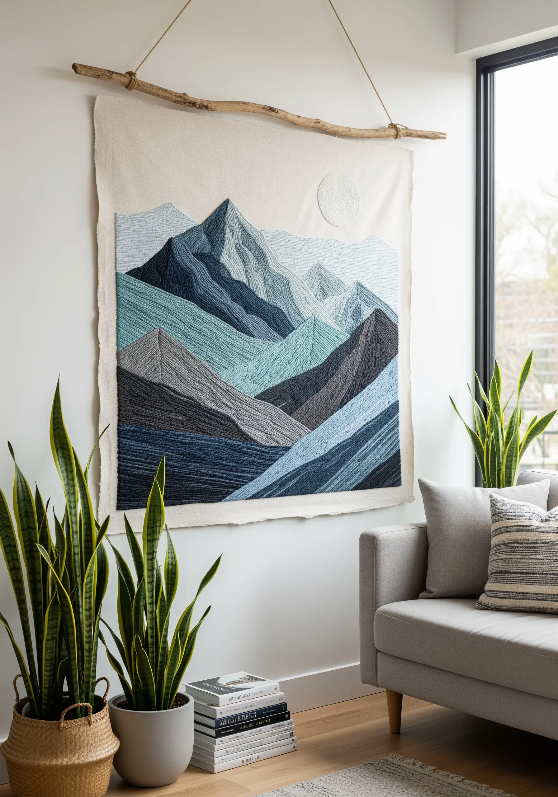 Large textile wall hanging of embroidered mountains in shades of blue and grey.