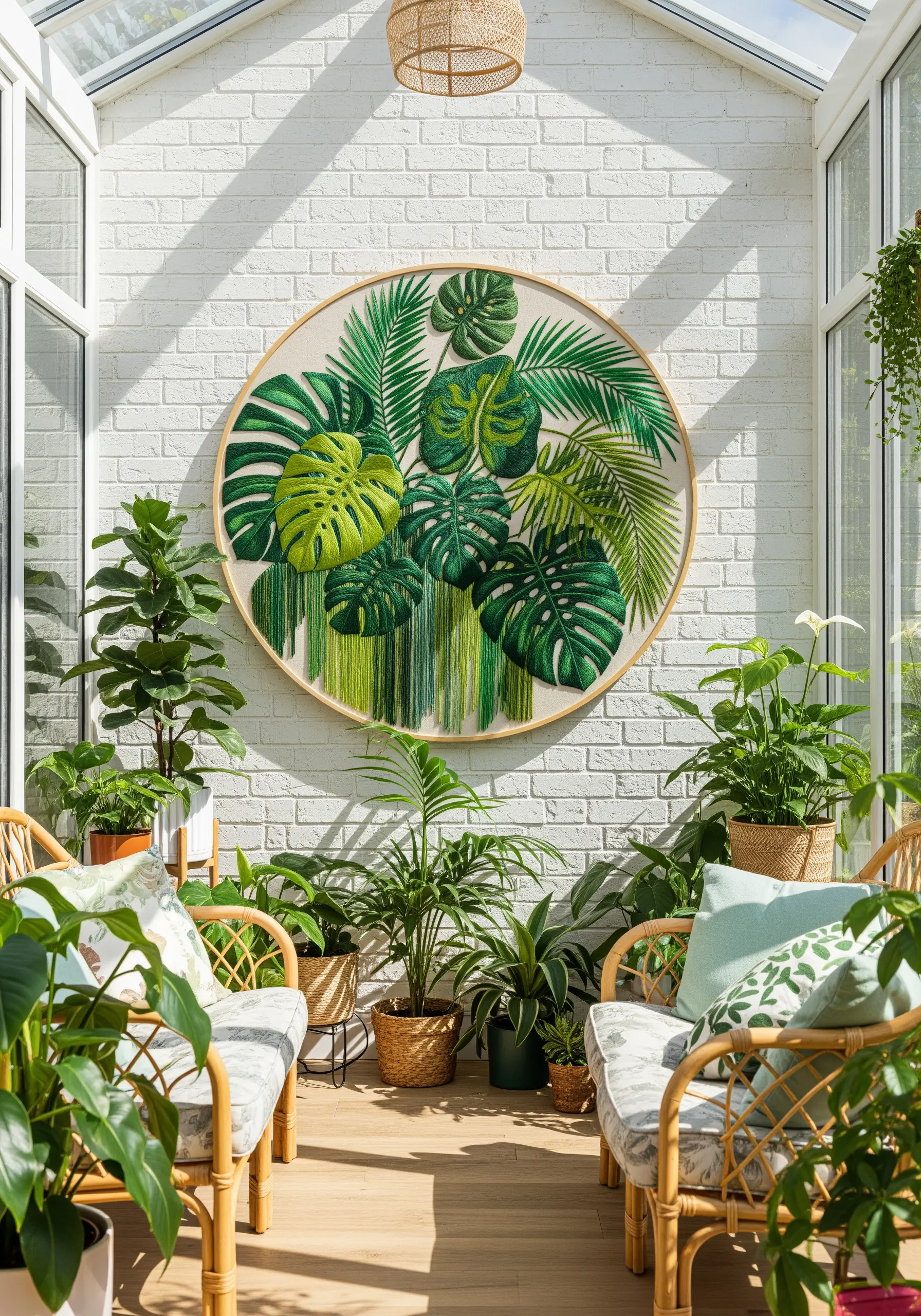 A very large embroidery hoop with textured monstera leaves and green thread fringe in a sunroom.