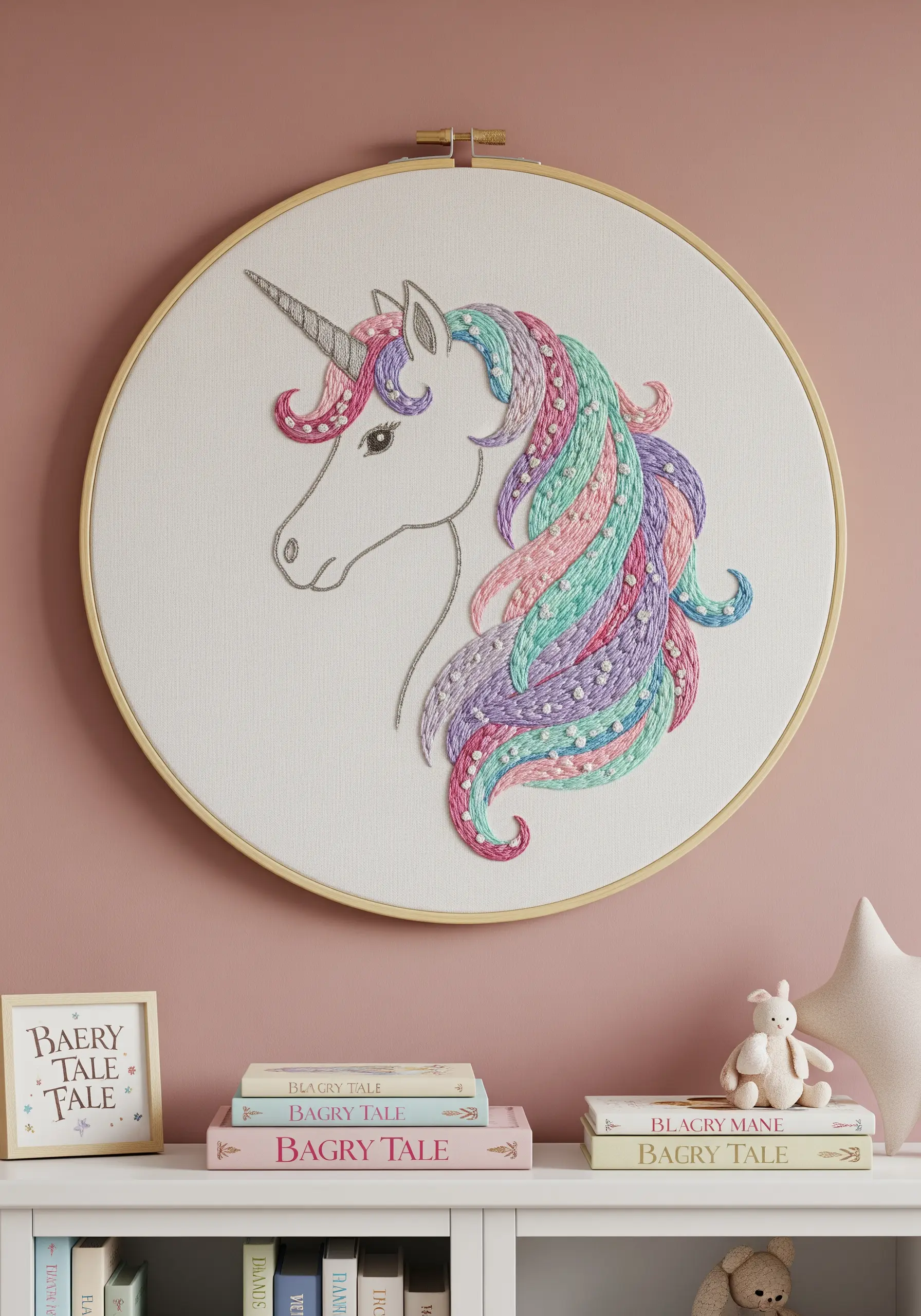 Embroidered unicorn portrait with a colorful, textured mane made from woven stitches.