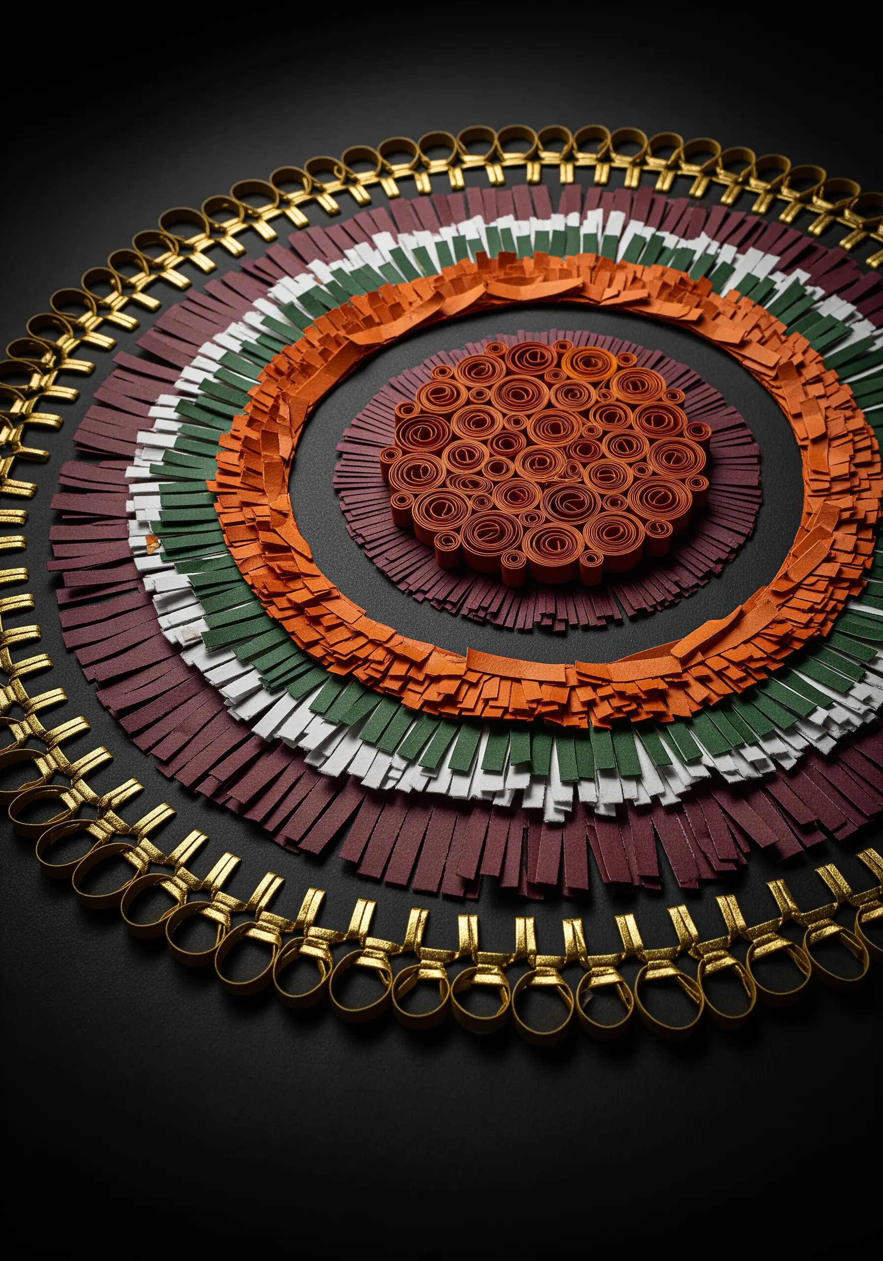 A circular mandala made from layered and fringed paper strips in orange, green, and metallic gold.