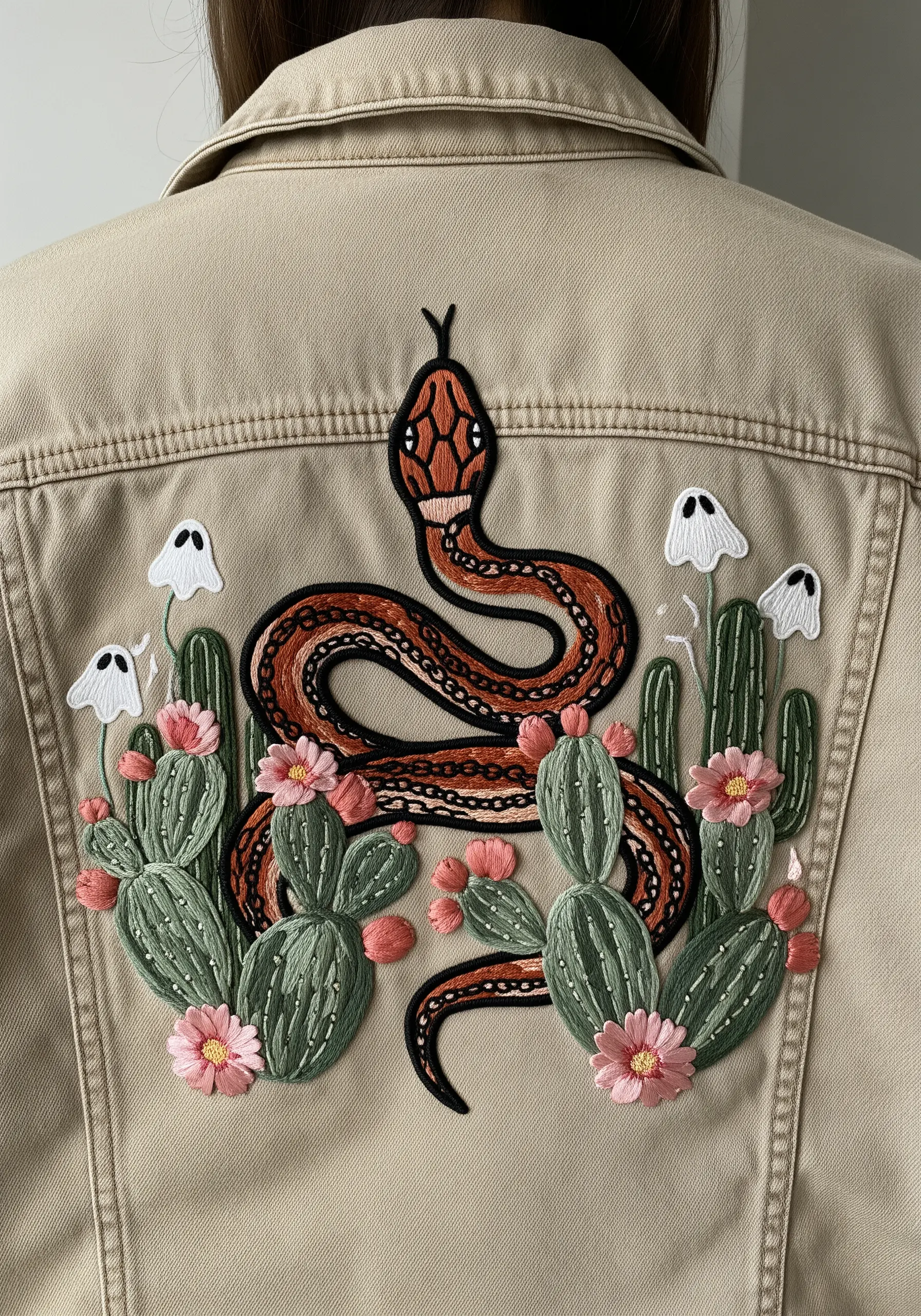 Embroidered desert scene with a snake, cacti, and ghost flowers on a beige jacket.