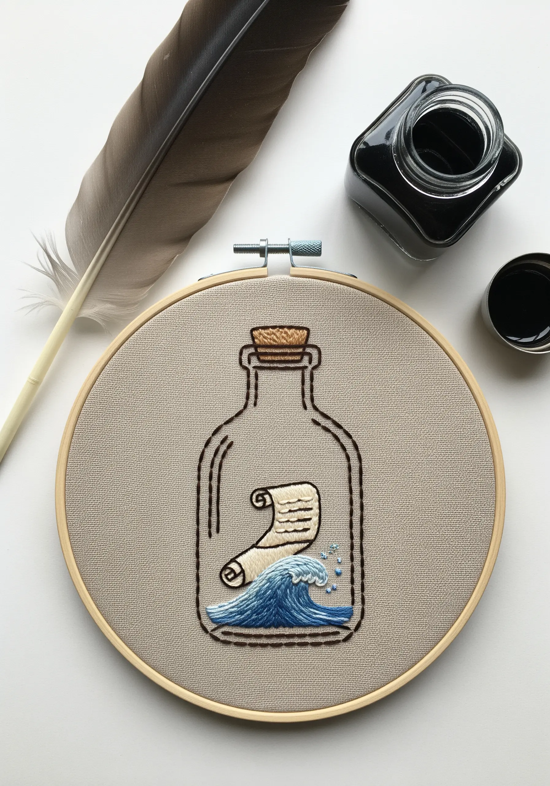Embroidery of a message in a bottle, with a scroll floating on thread-painted waves.