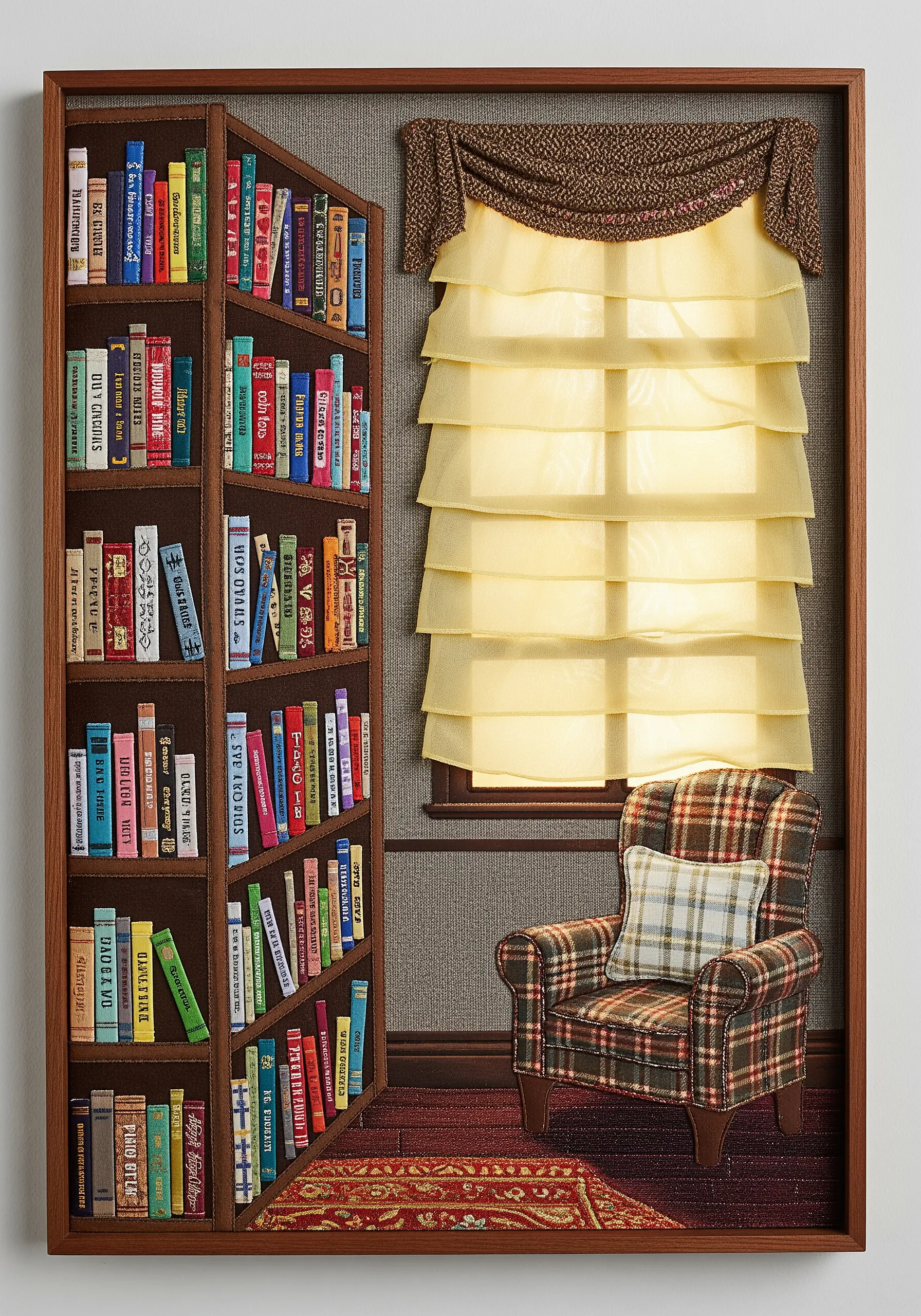 A miniature library scene created with detailed fabric collage and embroidery.