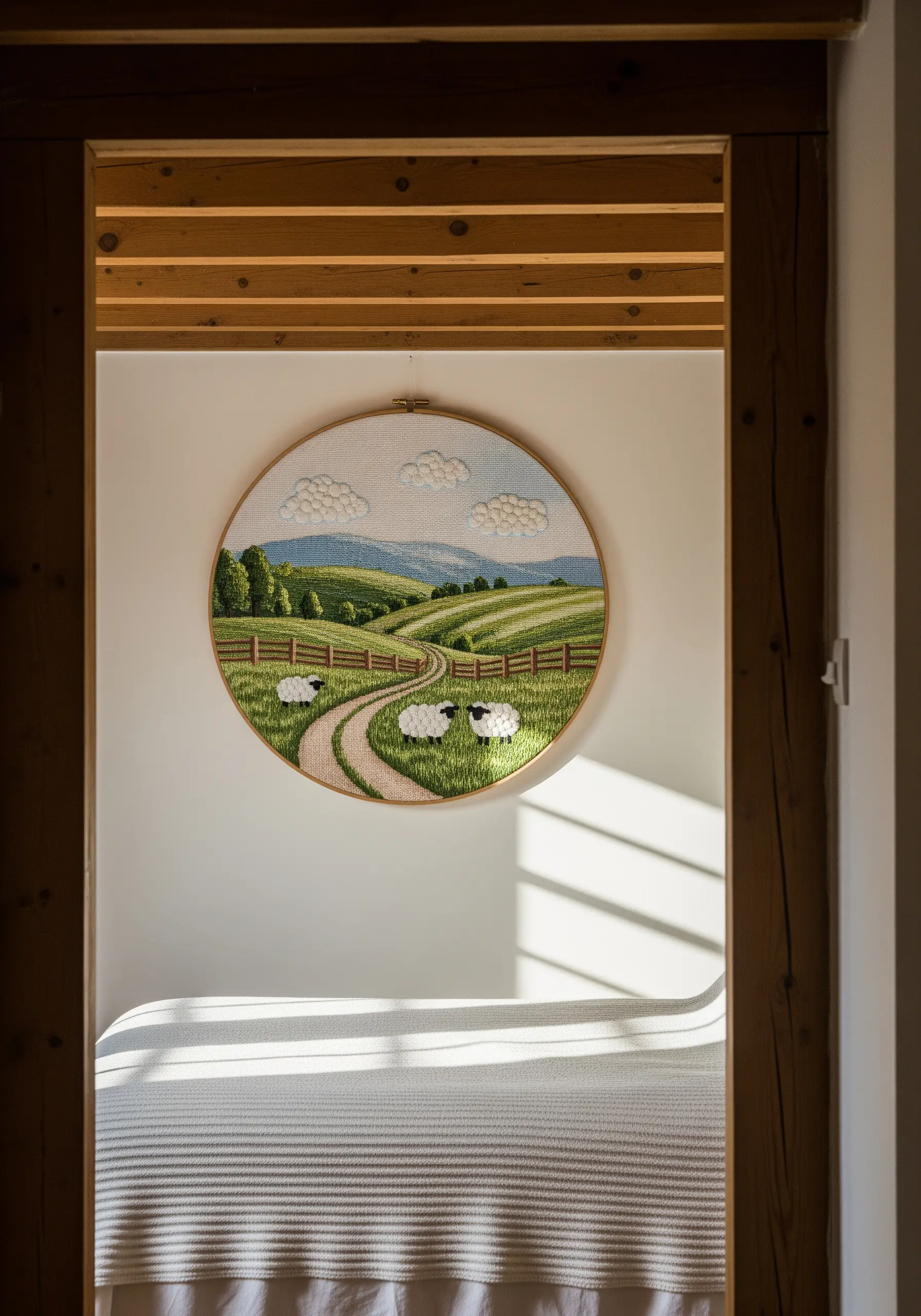 A pastoral landscape embroidery with fluffy white sheep on rolling green hills.