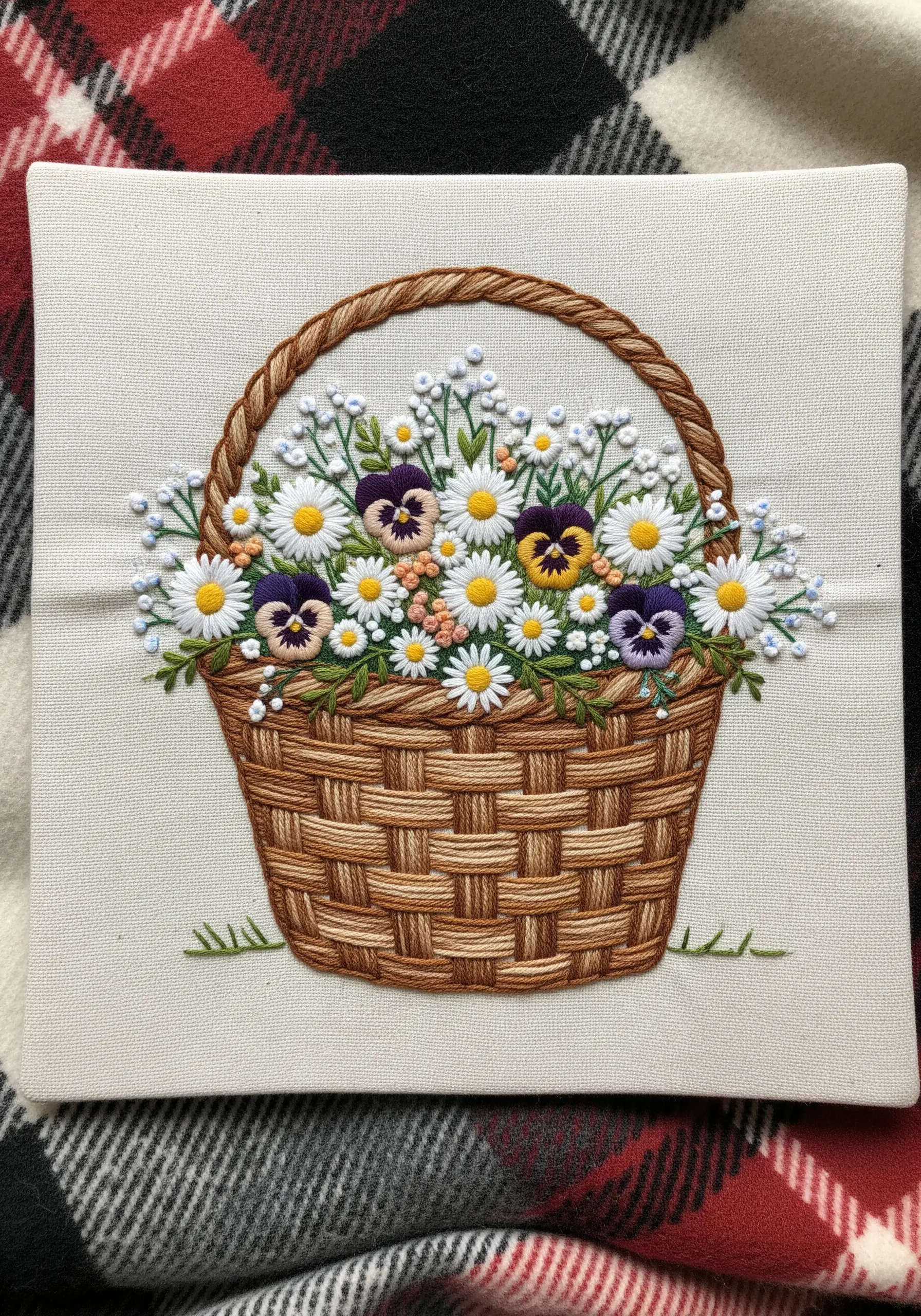 An embroidered basket filled with pansies, daisies, and baby's breath on a canvas.