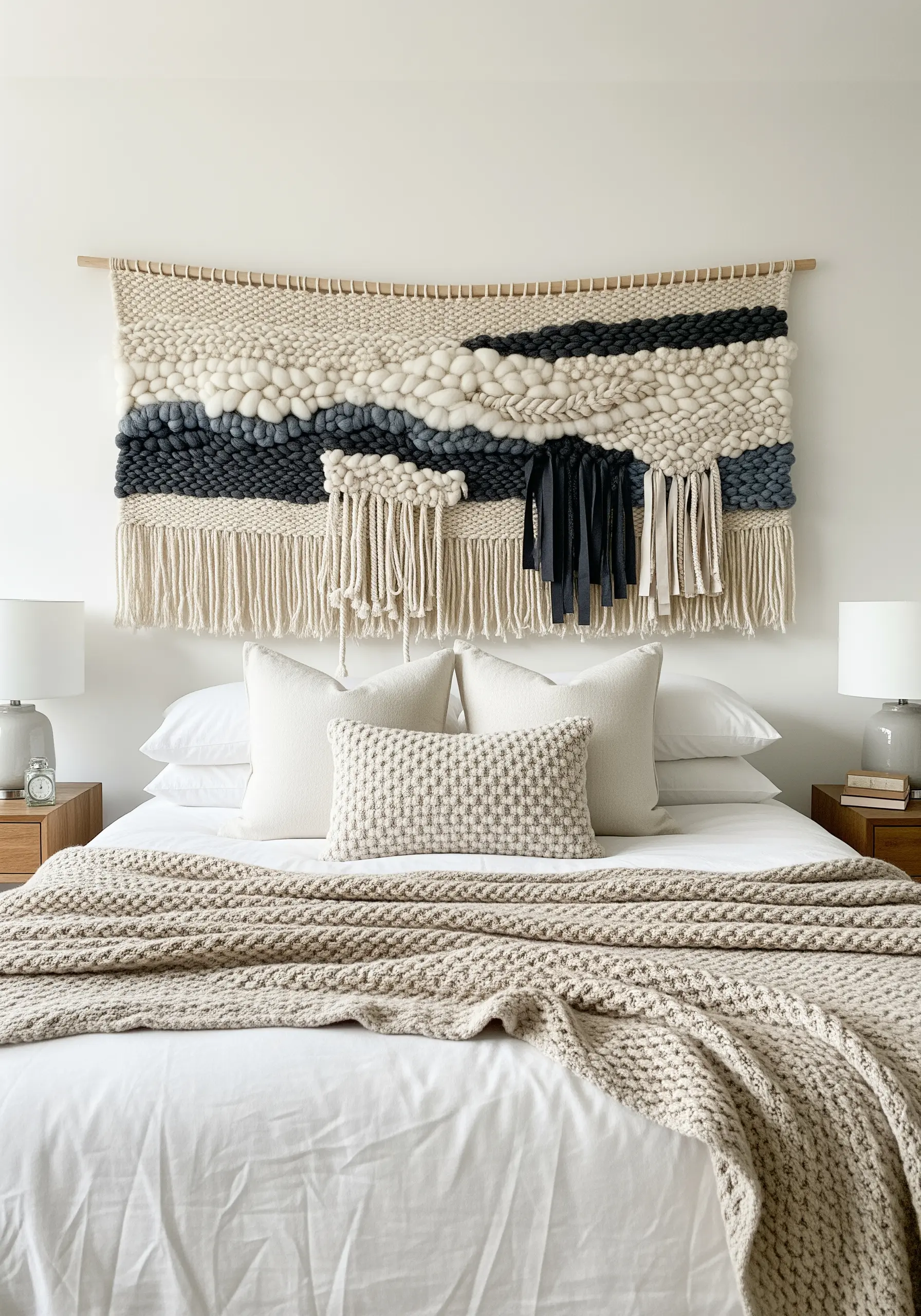 An oversized woven wall hanging in neutral and charcoal tones used as a headboard.