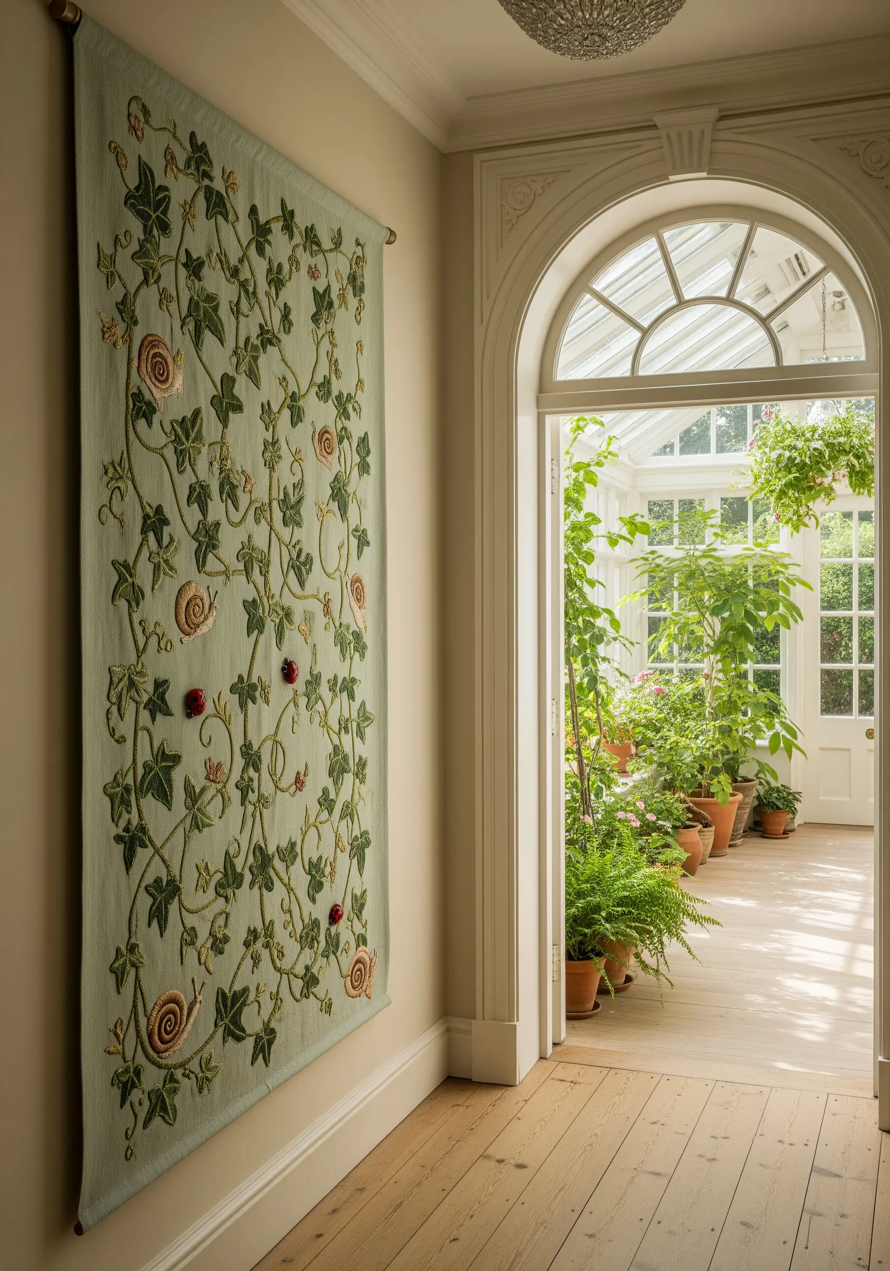 A long, pale green banner featuring a winding ivy pattern with snails and ladybugs.