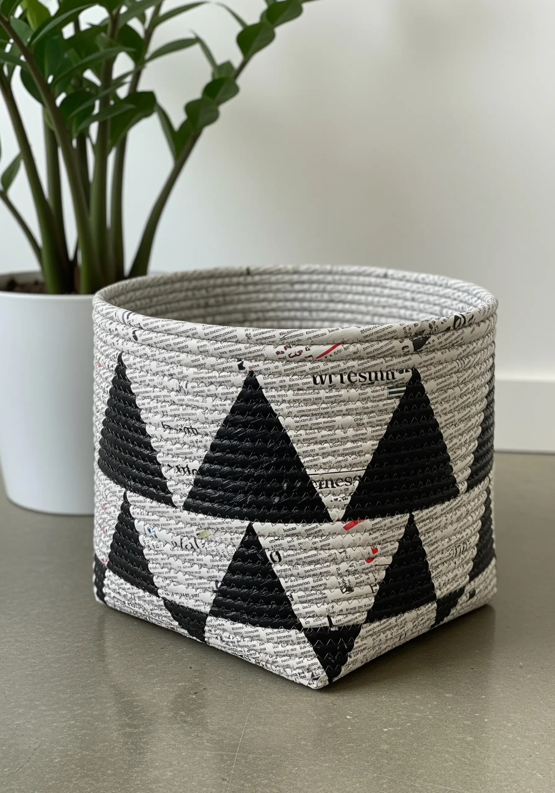 A small, sturdy basket woven from rolled newspaper with a black painted triangle pattern.