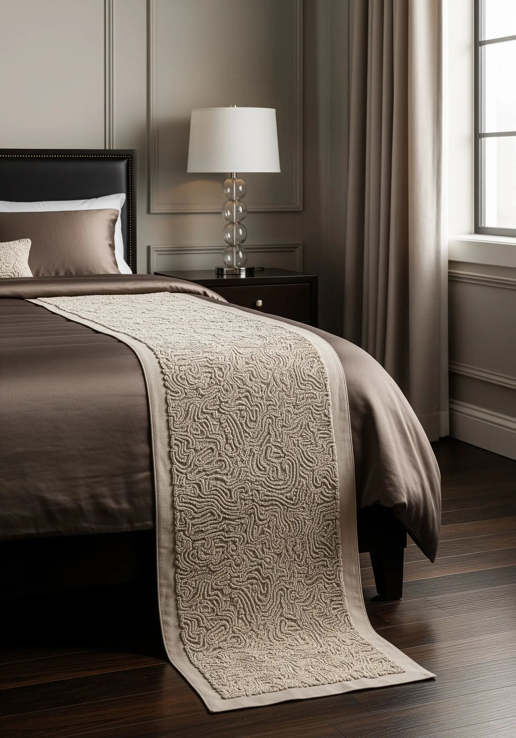 A neutral-colored bed runner with a dense, all-over texture of seed stitches.
