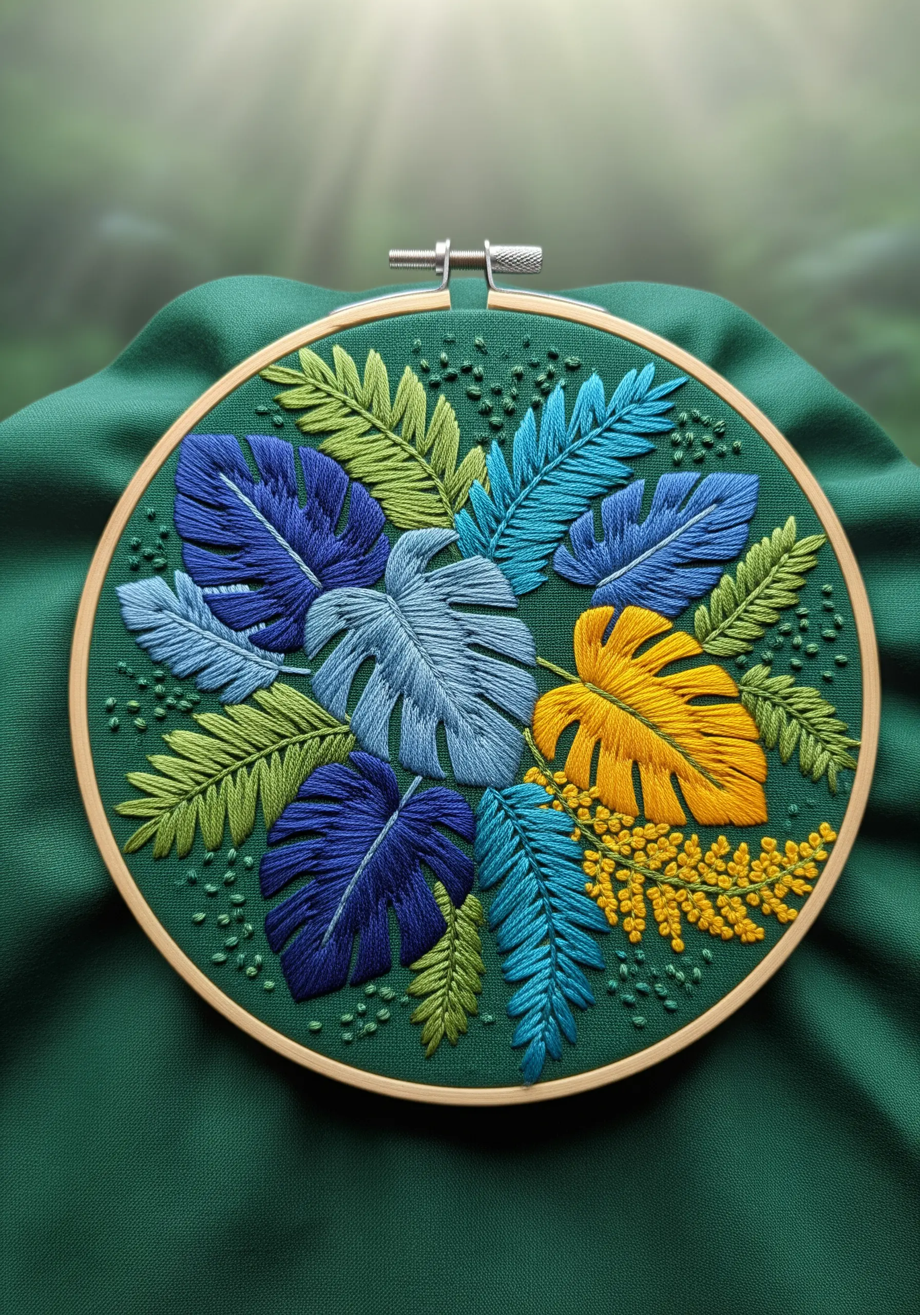A collection of embroidered tropical leaves in shades of blue, green, and one vibrant yellow.