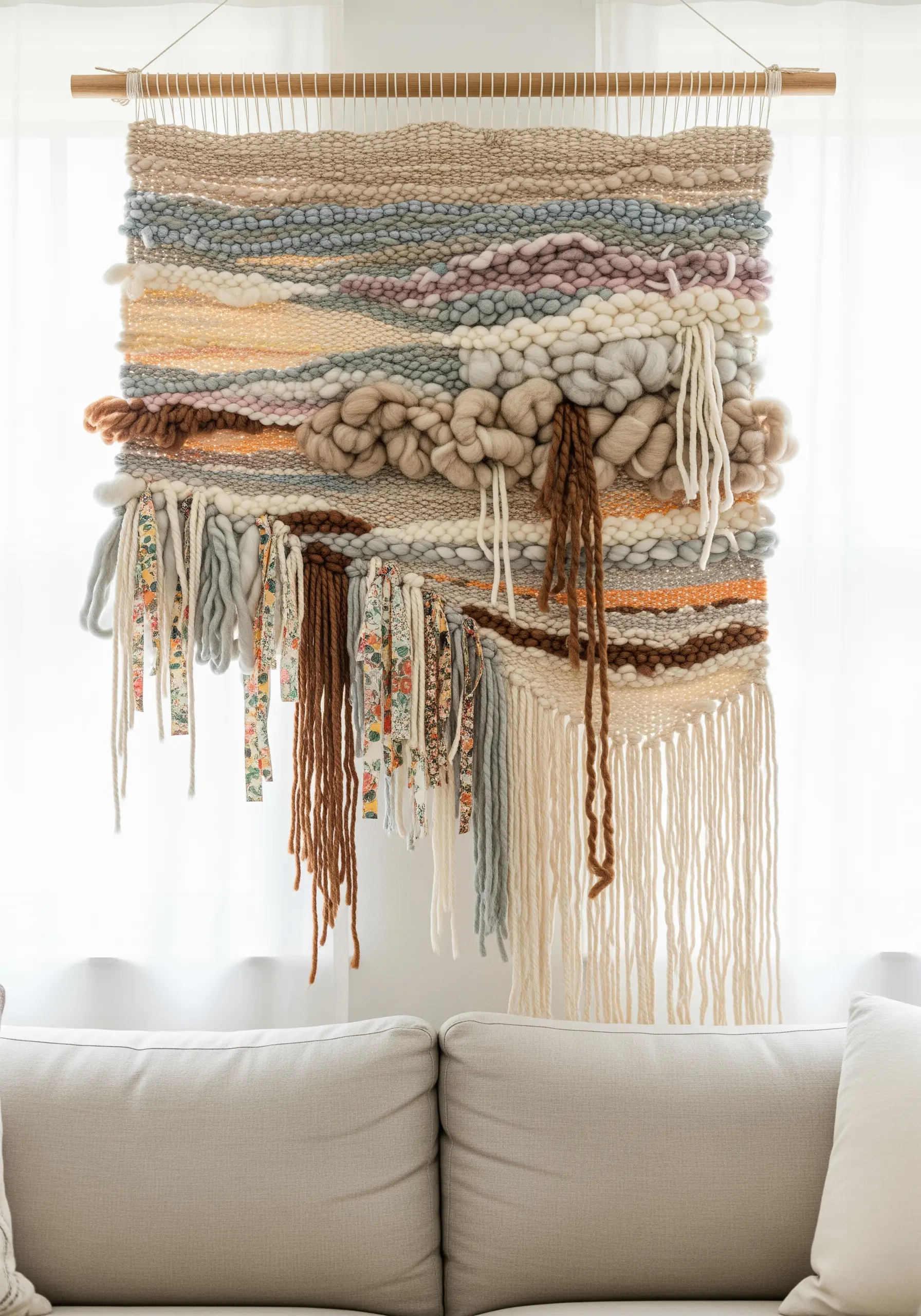 Large woven wall hanging with chunky wool roving, varied yarns, and fabric strips.
