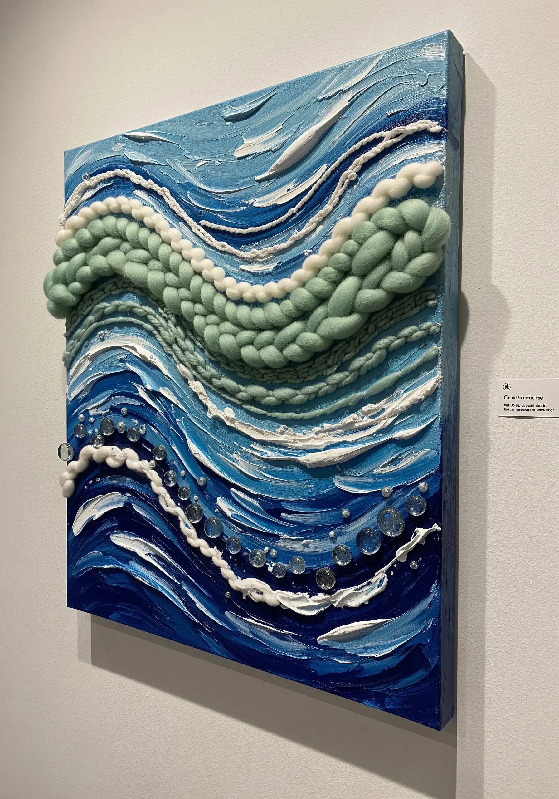 Abstract ocean wave art with thick woven wool roving and clear beads on a painted canvas.