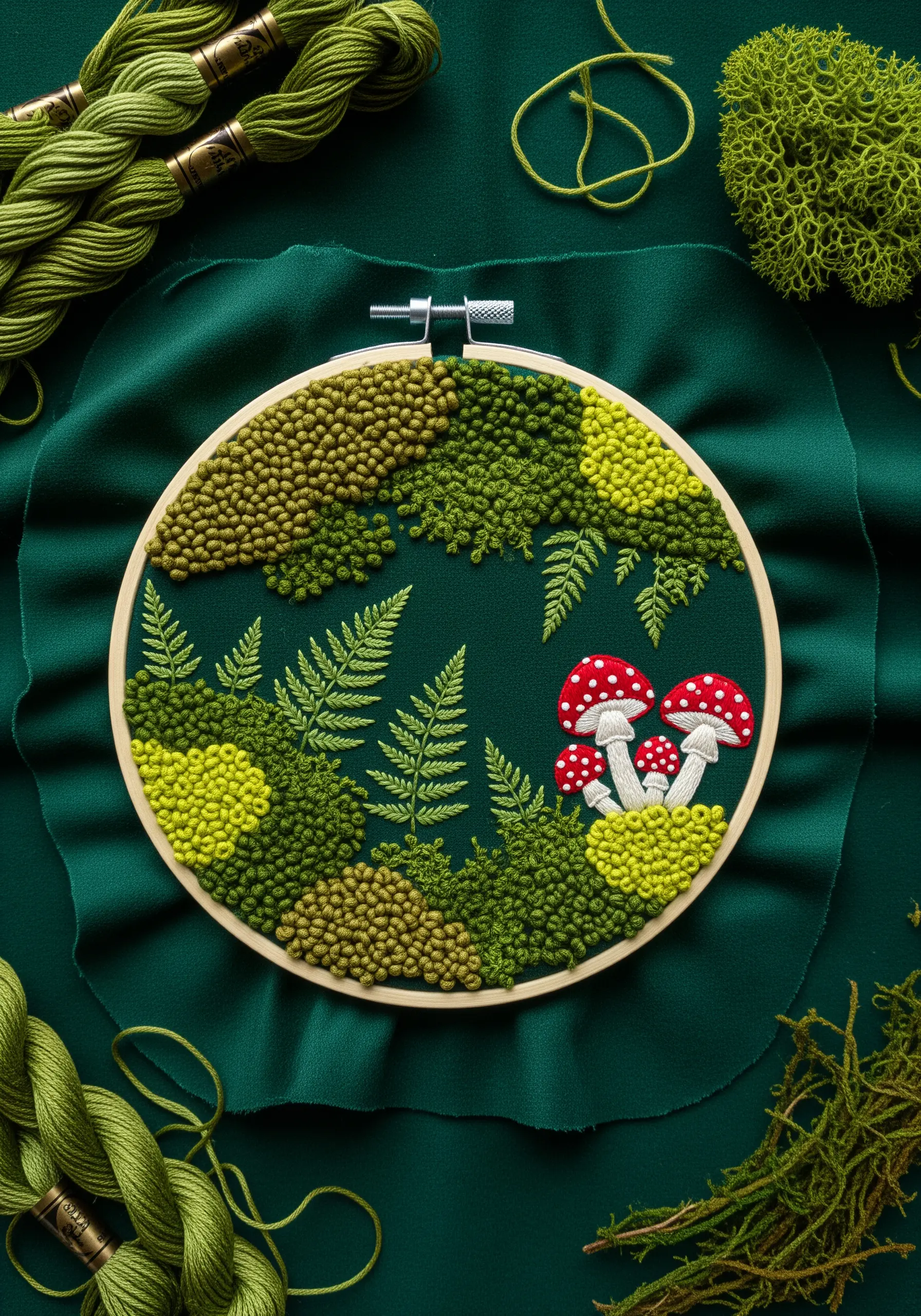 Embroidery of a forest floor with textured French knot moss and satin stitch mushrooms.