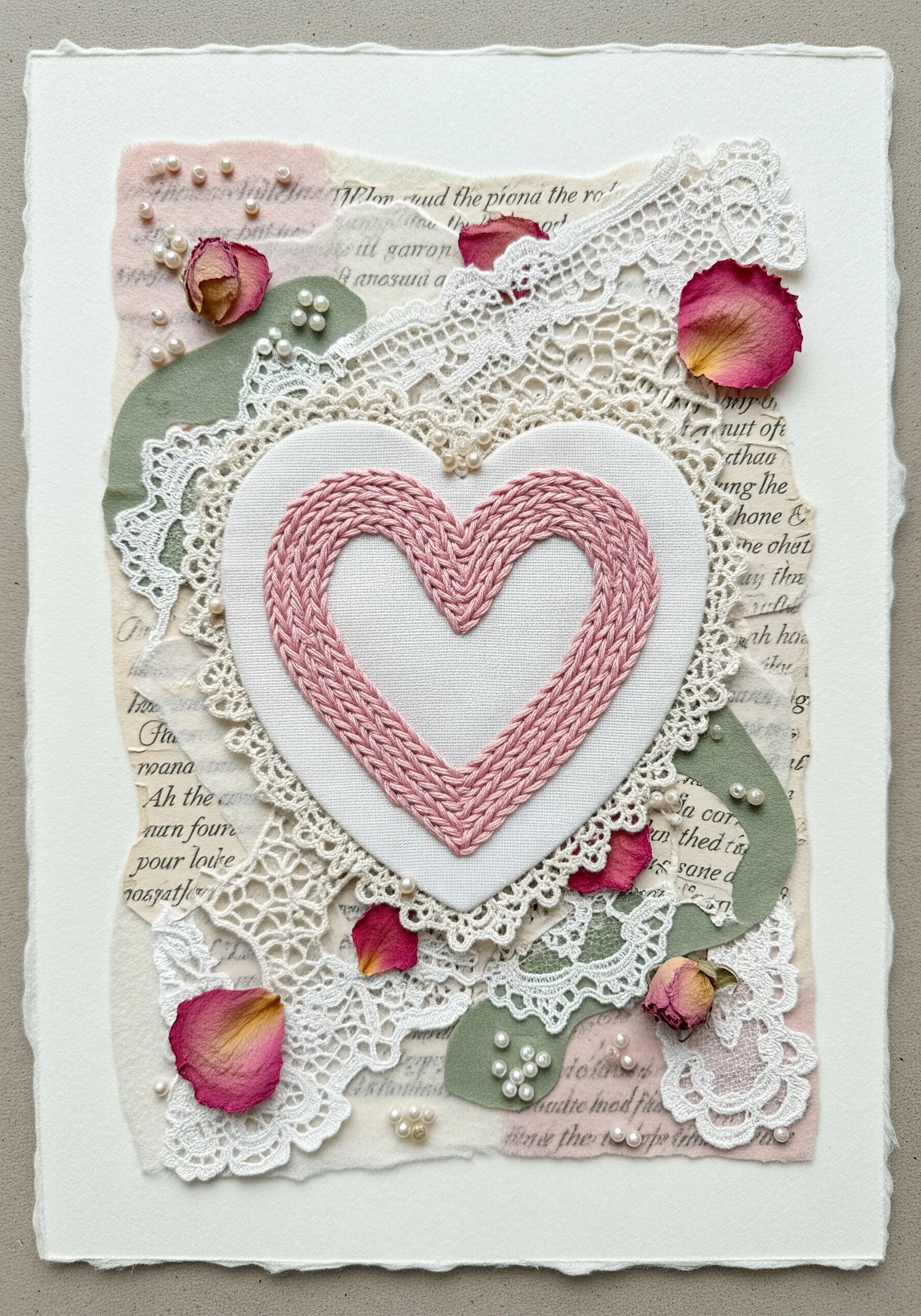 A pink embroidered heart with a braided texture, layered over vintage lace and torn paper.