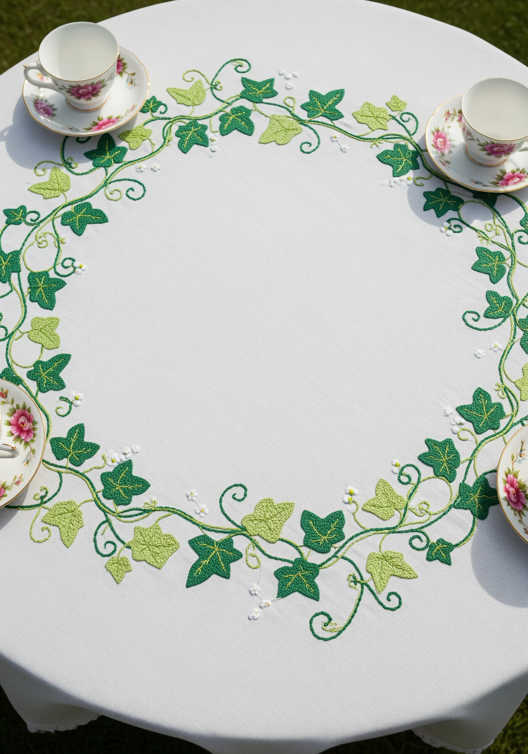 A circular border of embroidered ivy with dark and light green leaves on a white tablecloth.