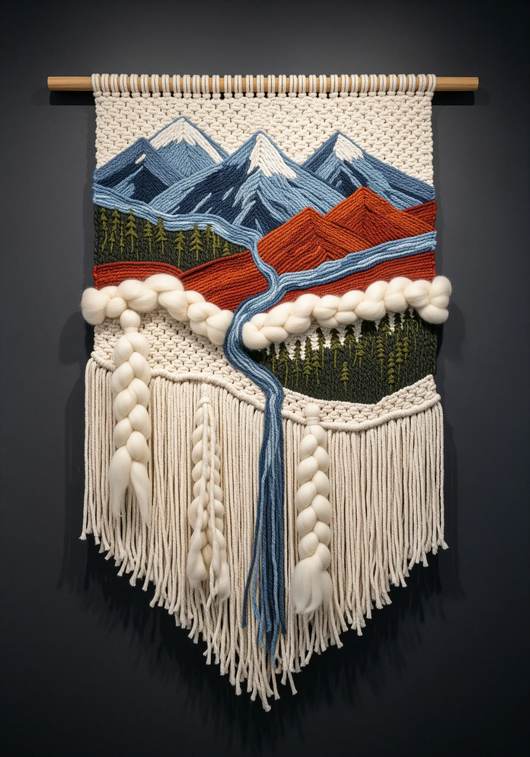 A woven wall hanging depicting a mountain landscape with a river, using various yarn textures.