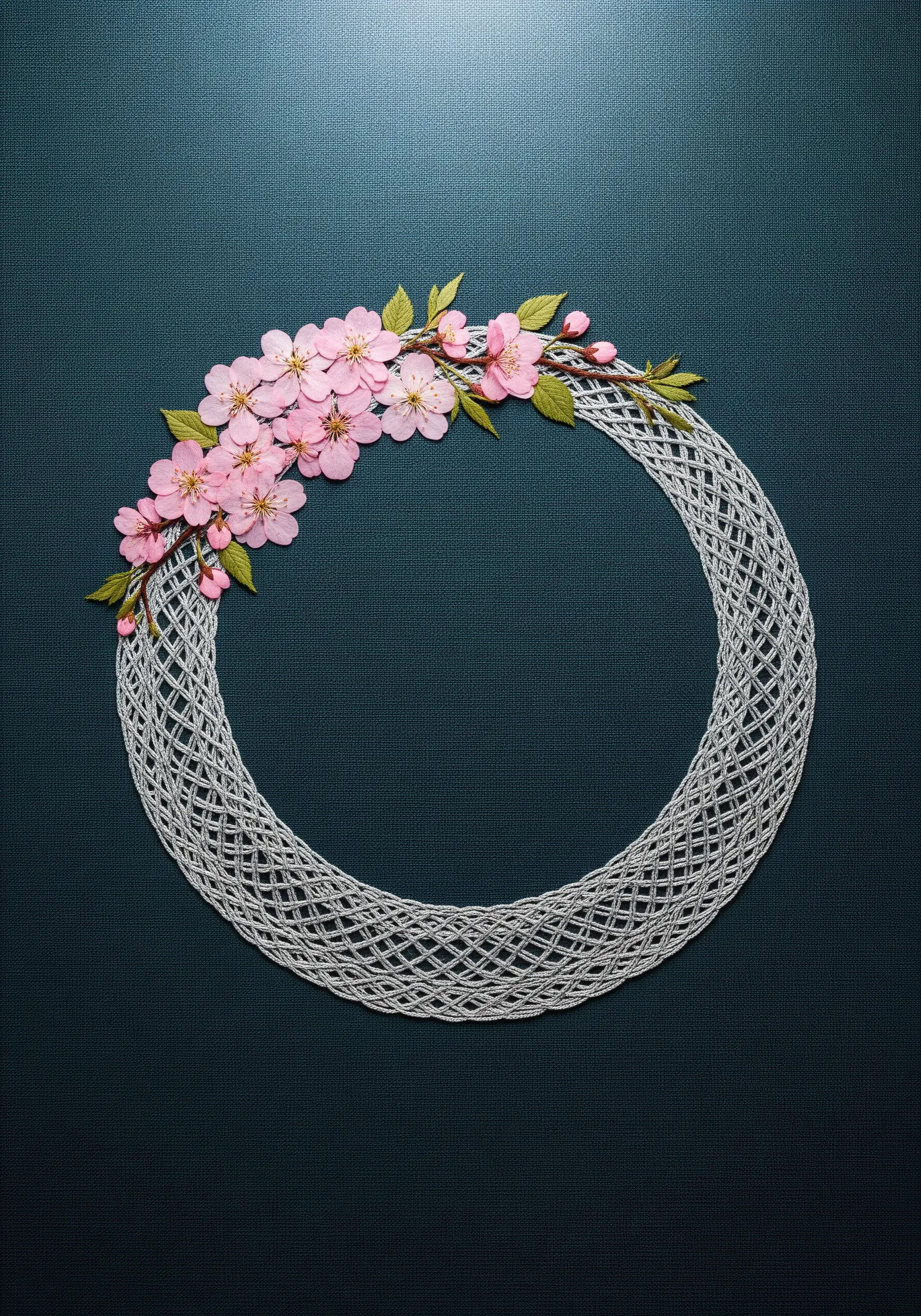 A woven wreath made from white thread on a dark background, accented with pink cherry blossoms.