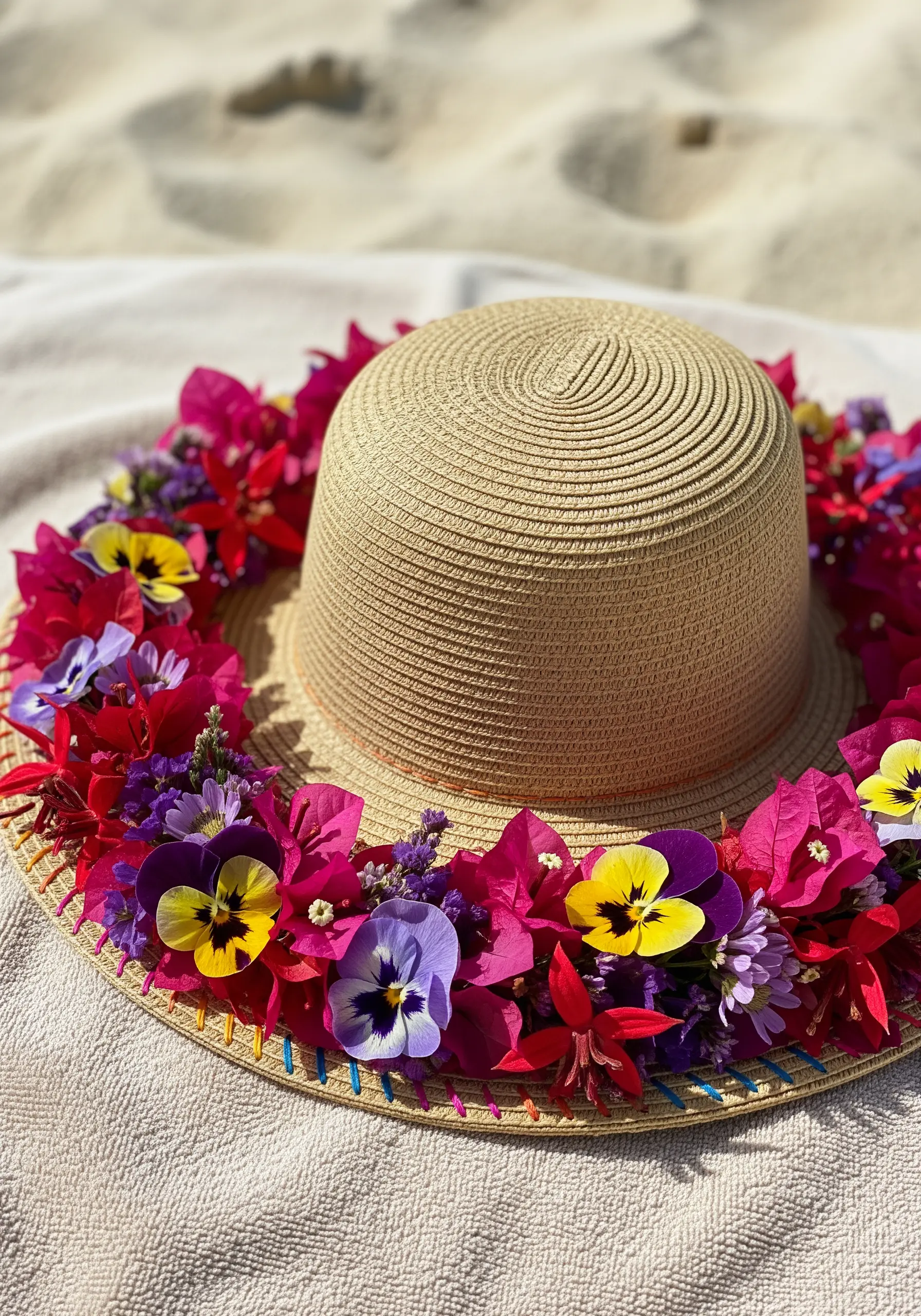 A straw sun hat with a vibrant crown of pressed bougainvillea, pansies, and other colorful flowers.