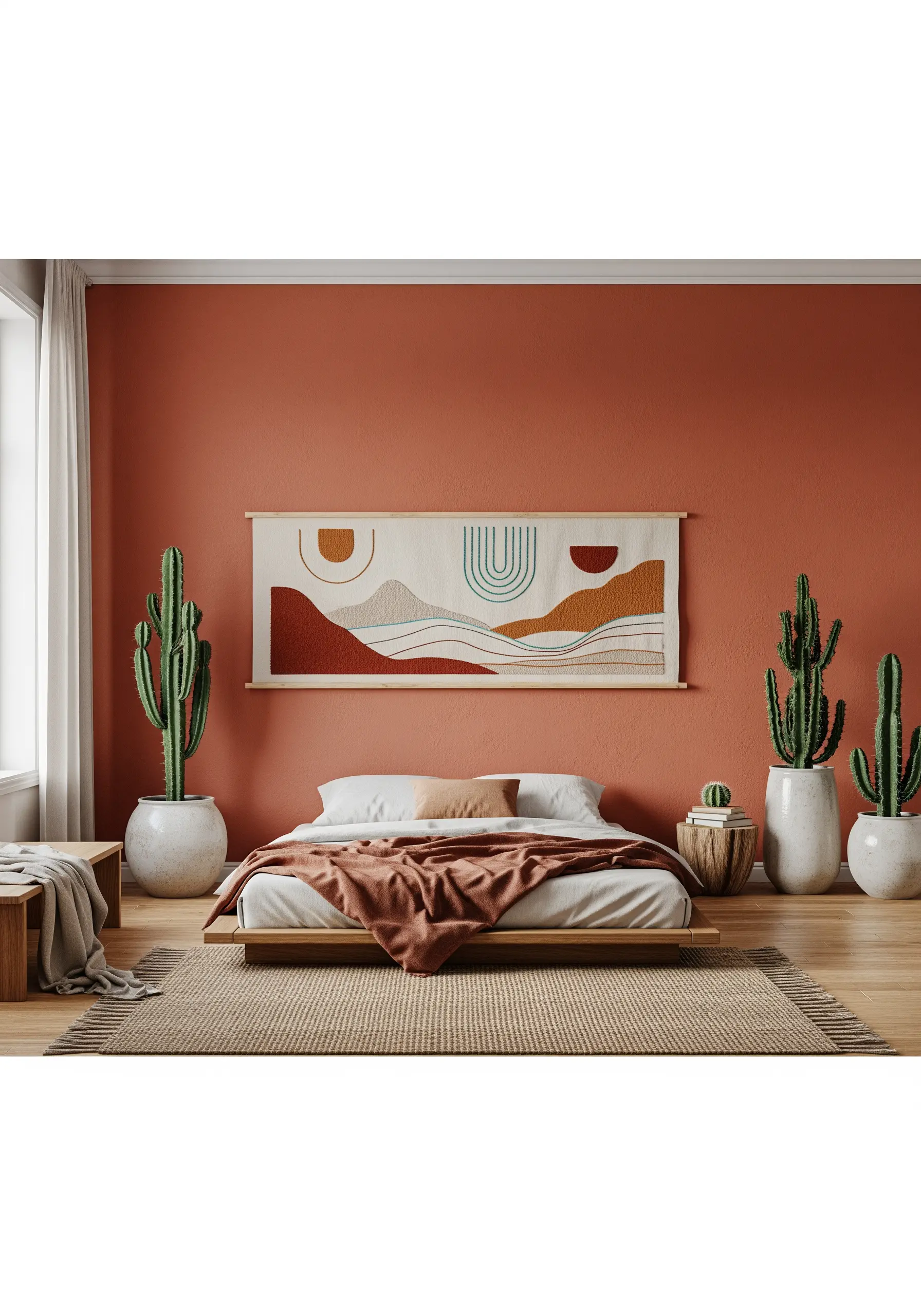 A large embroidered wall hanging of an abstract landscape in terracotta, blue, and sand colors.