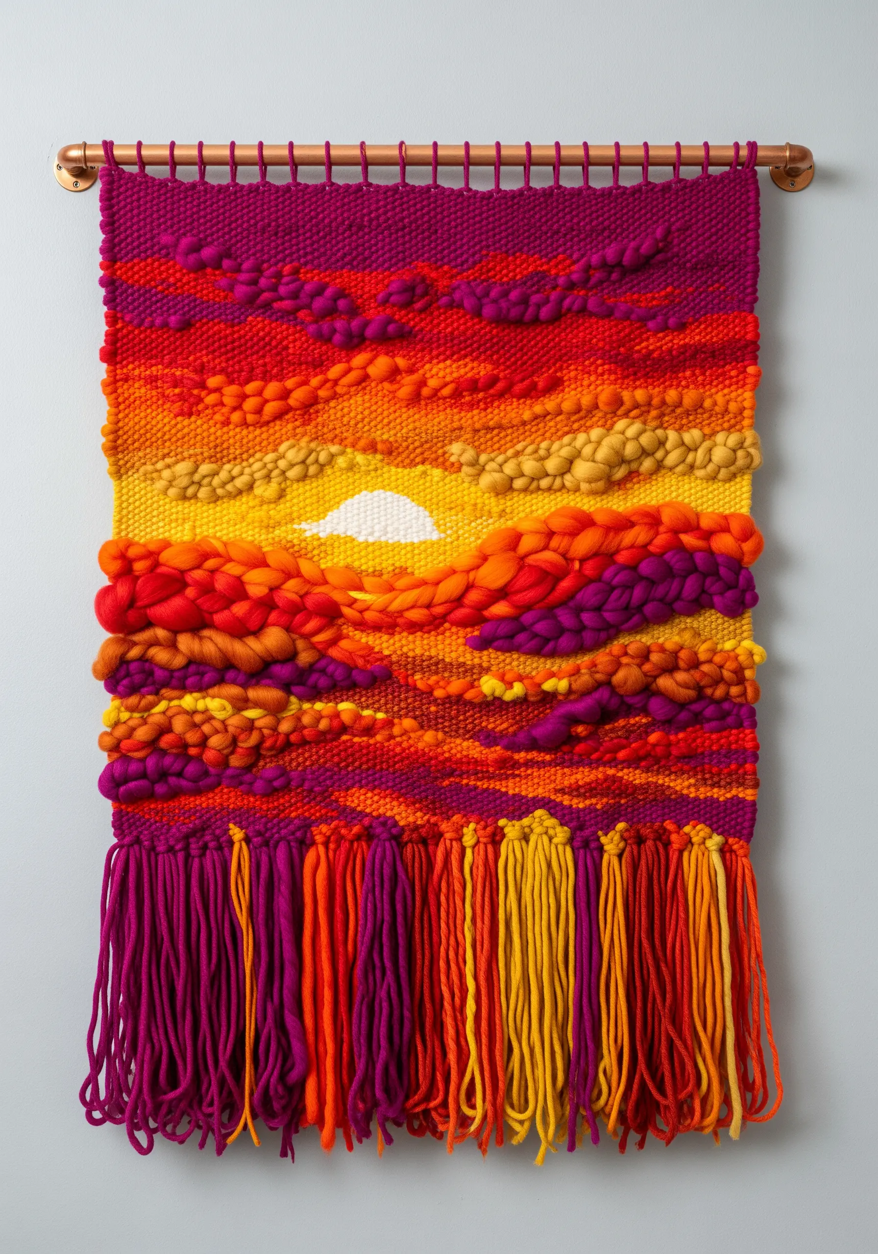 Woven wall hanging depicting an abstract sunset with textured, vibrant roving wool.