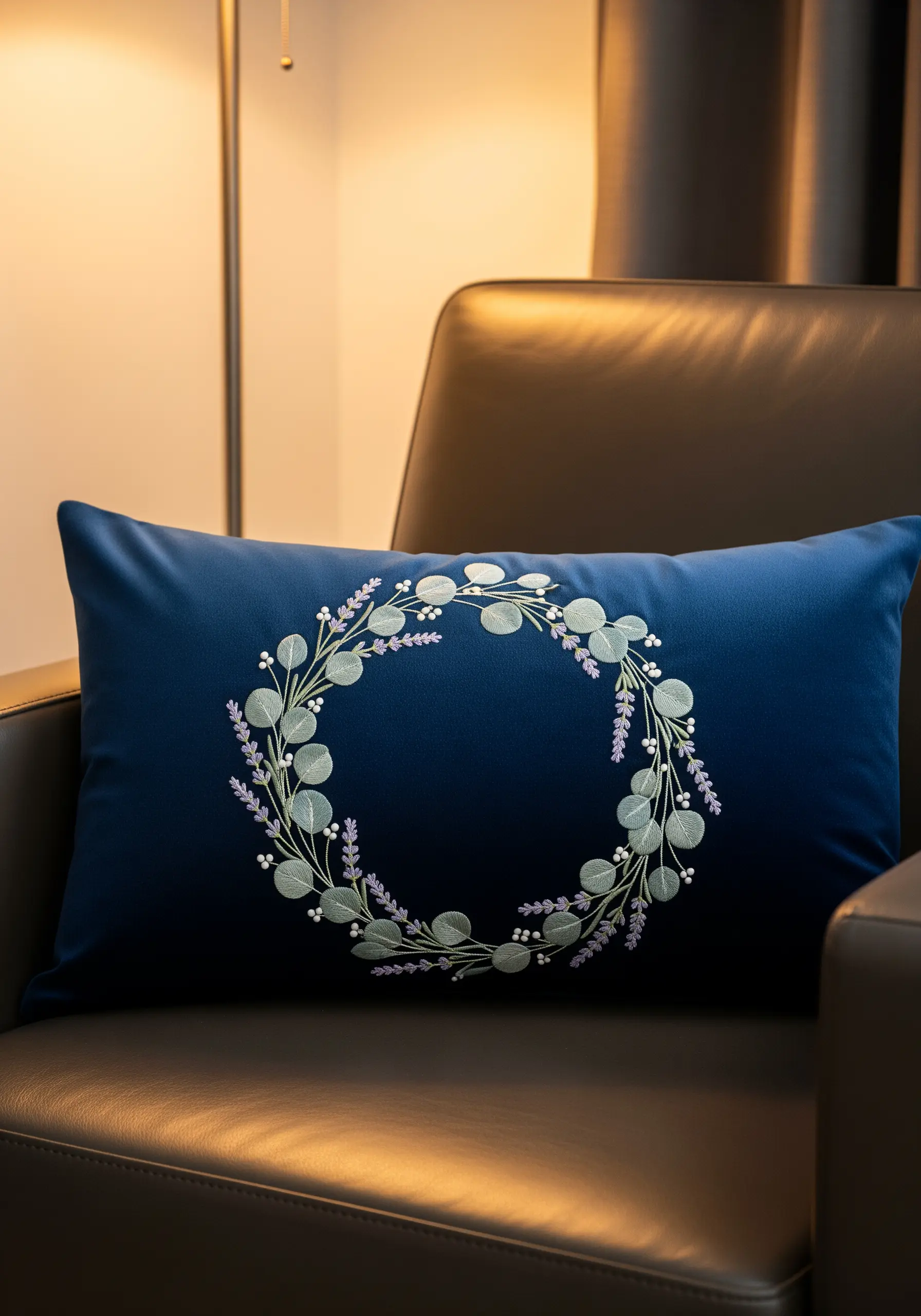 A delicate embroidered wreath of eucalyptus and lavender on a dark blue pillow.