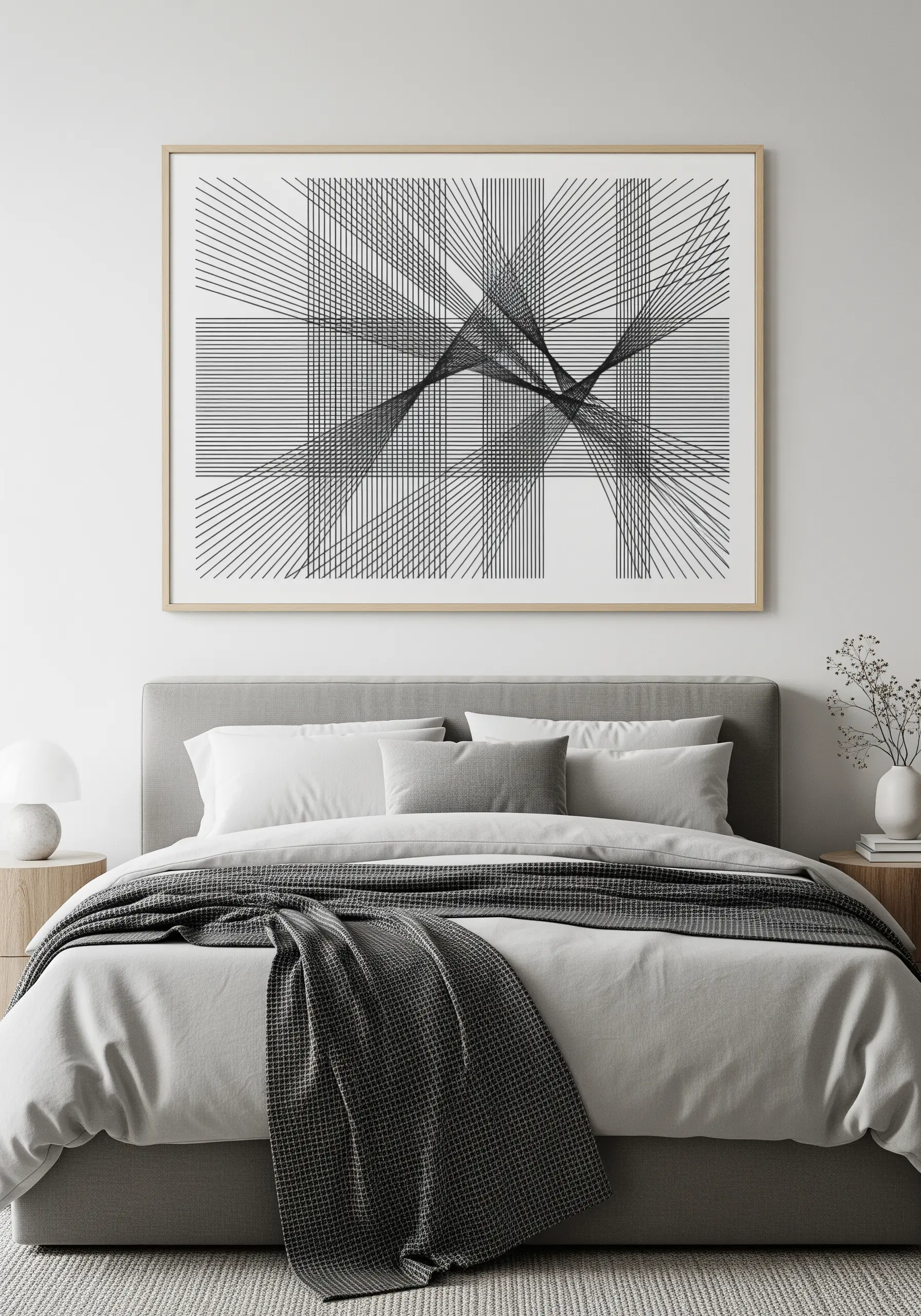 Large framed string art piece with intersecting black lines creating geometric patterns.