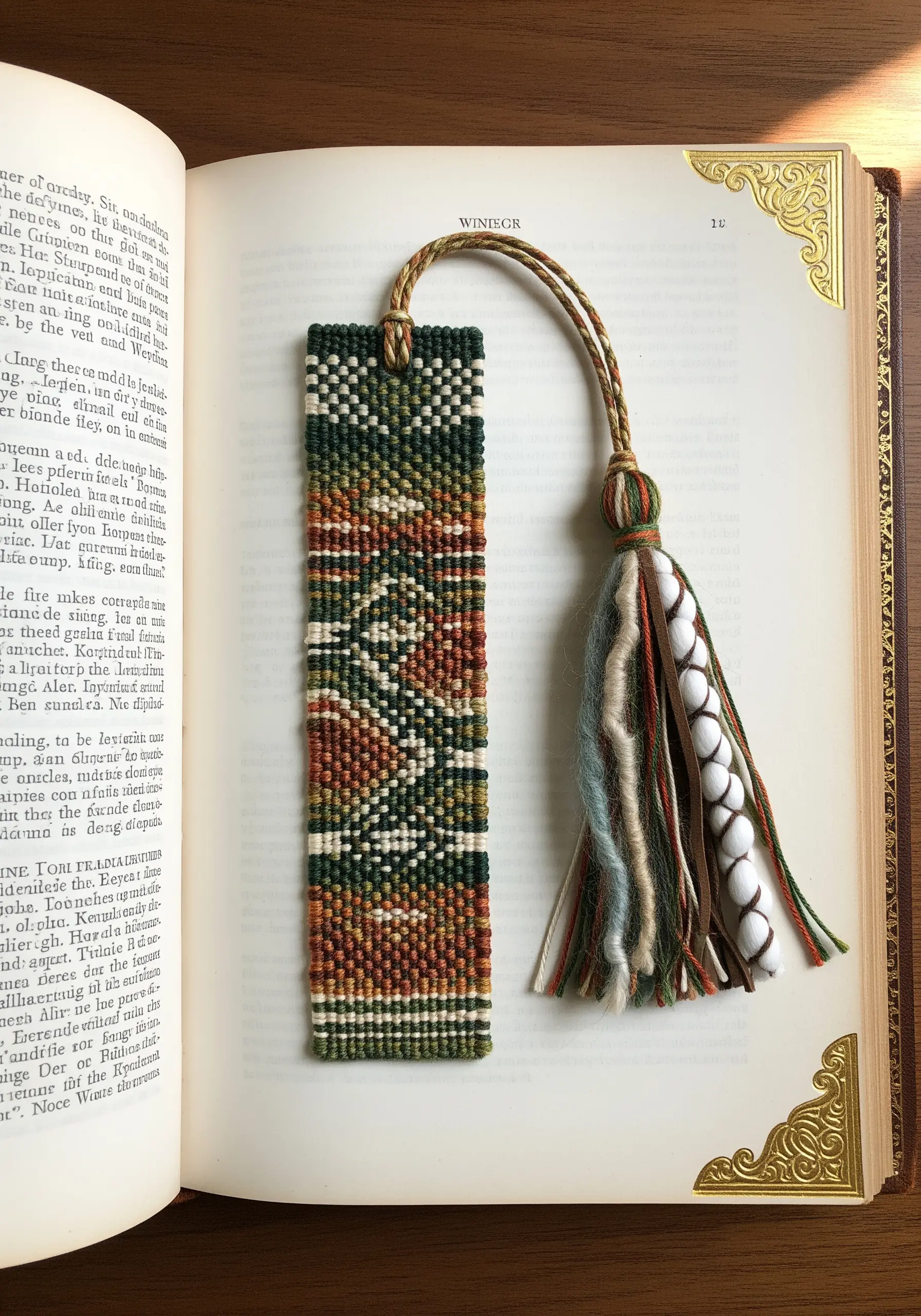 Woven bookmark with a geometric pattern and a large, multi-textured tassel.