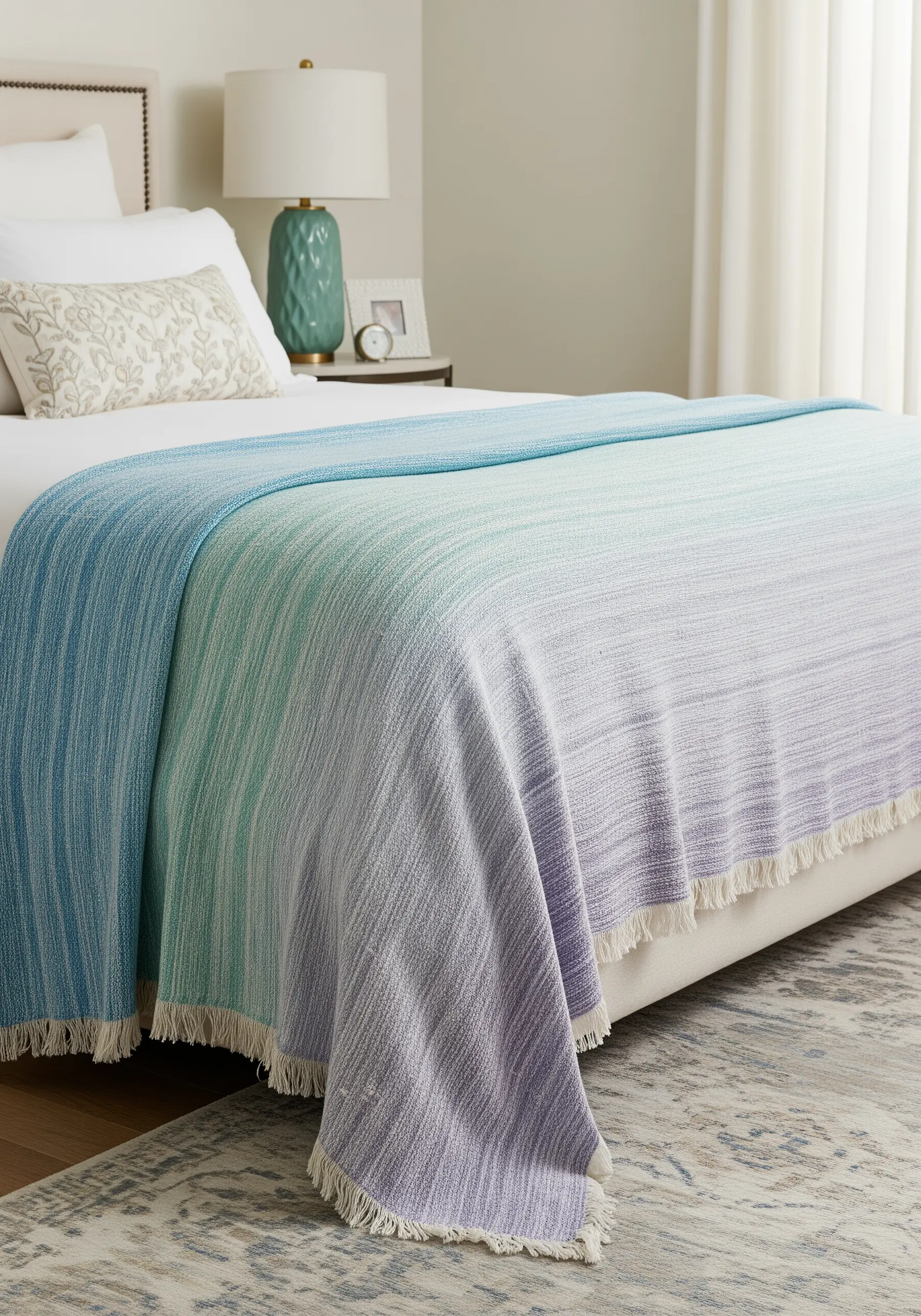 A woven blanket with a soft ombré gradient from blue to mint to lavender.