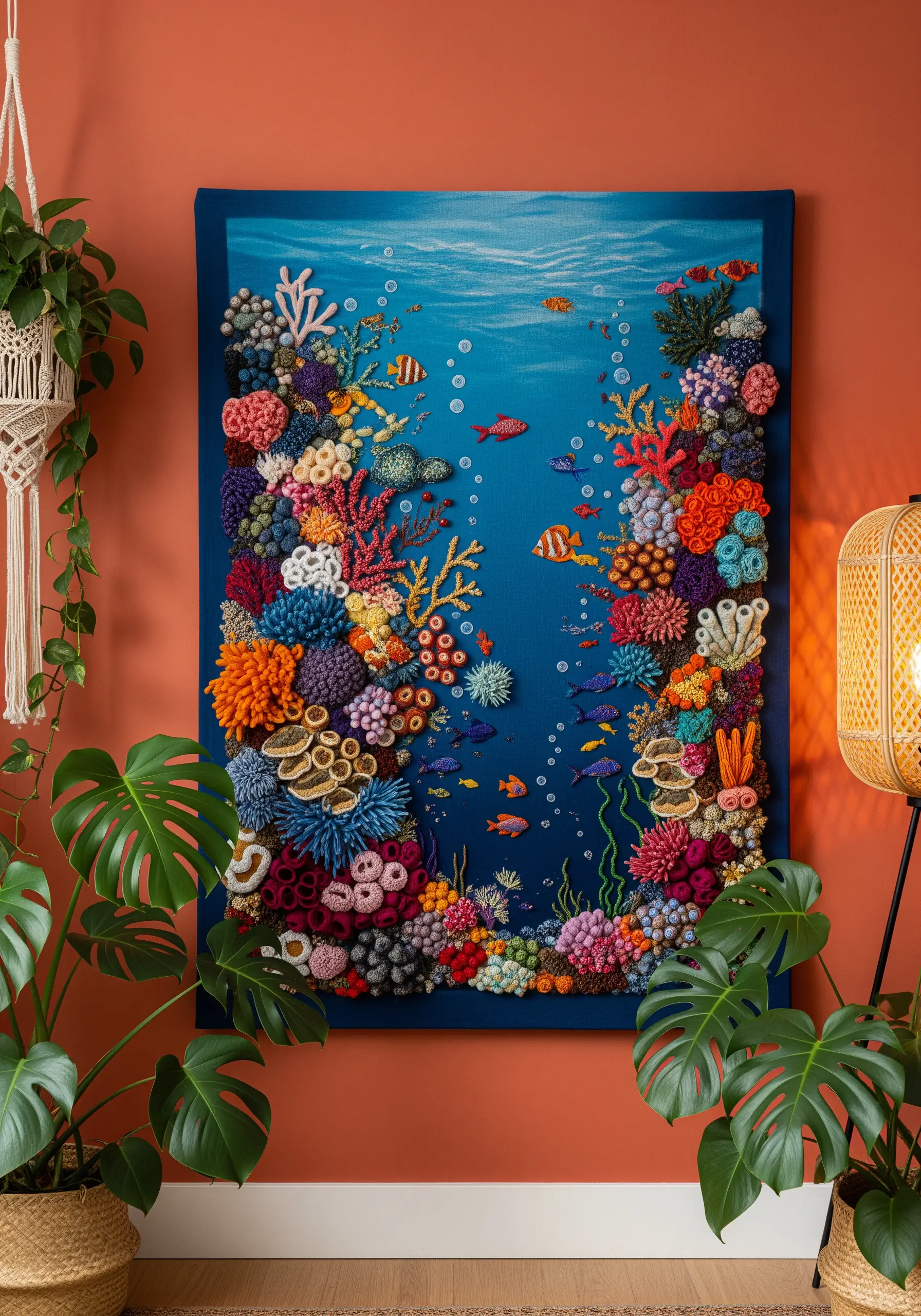 Large, vibrant 3D embroidered wall art of a detailed coral reef scene