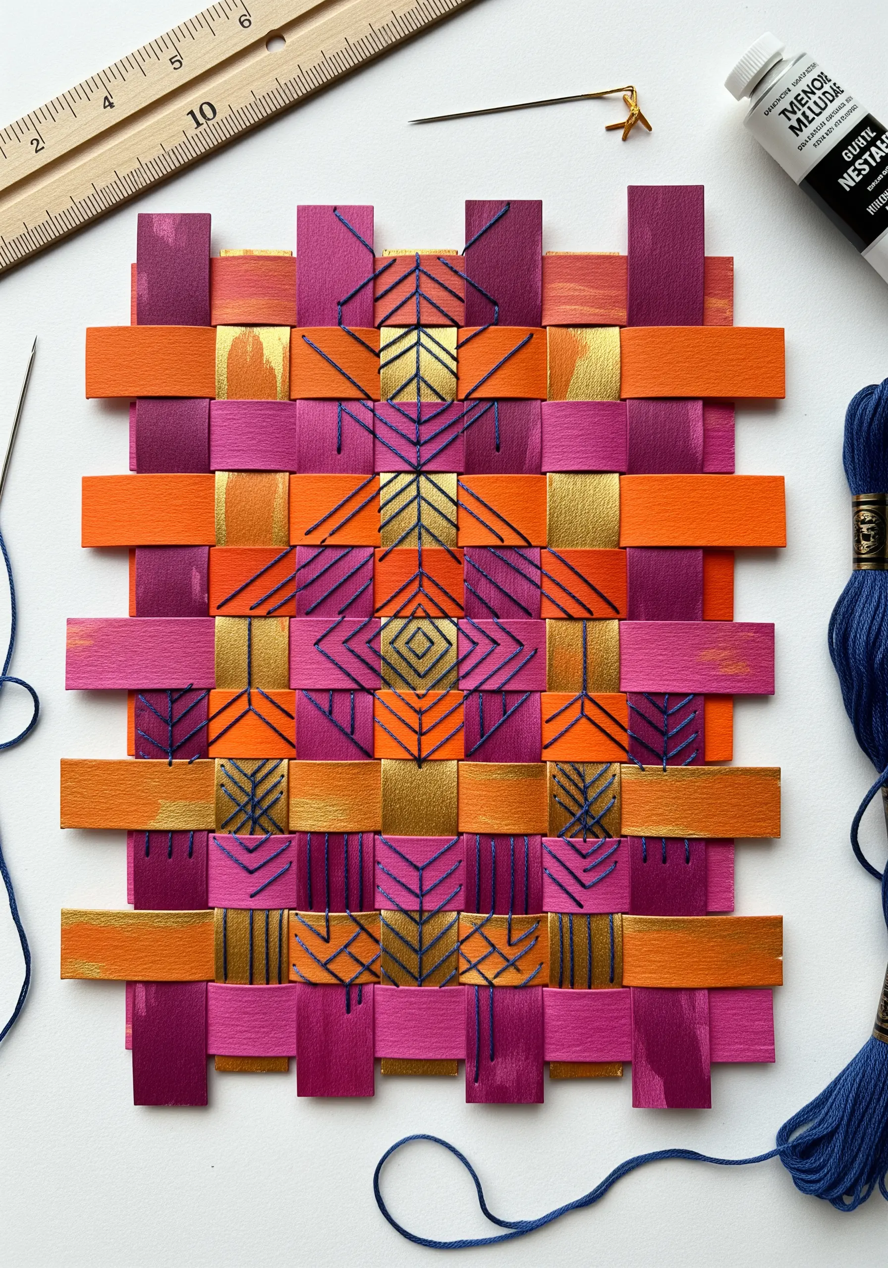 A woven mat of painted paper in pink and orange, embroidered with a blue geometric pattern.