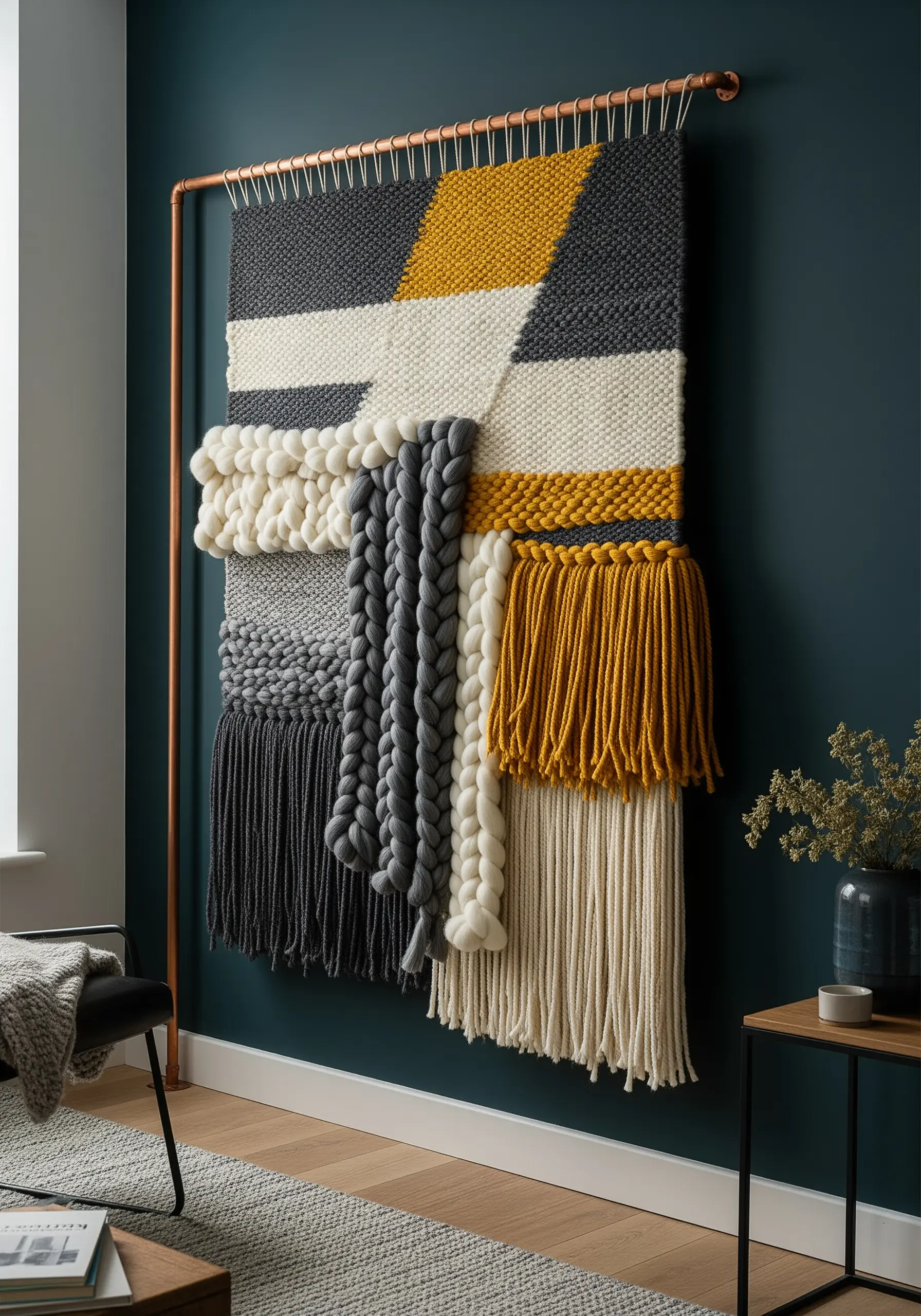 Large woven wall hanging with yellow, grey, and white geometric blocks and varied textures.