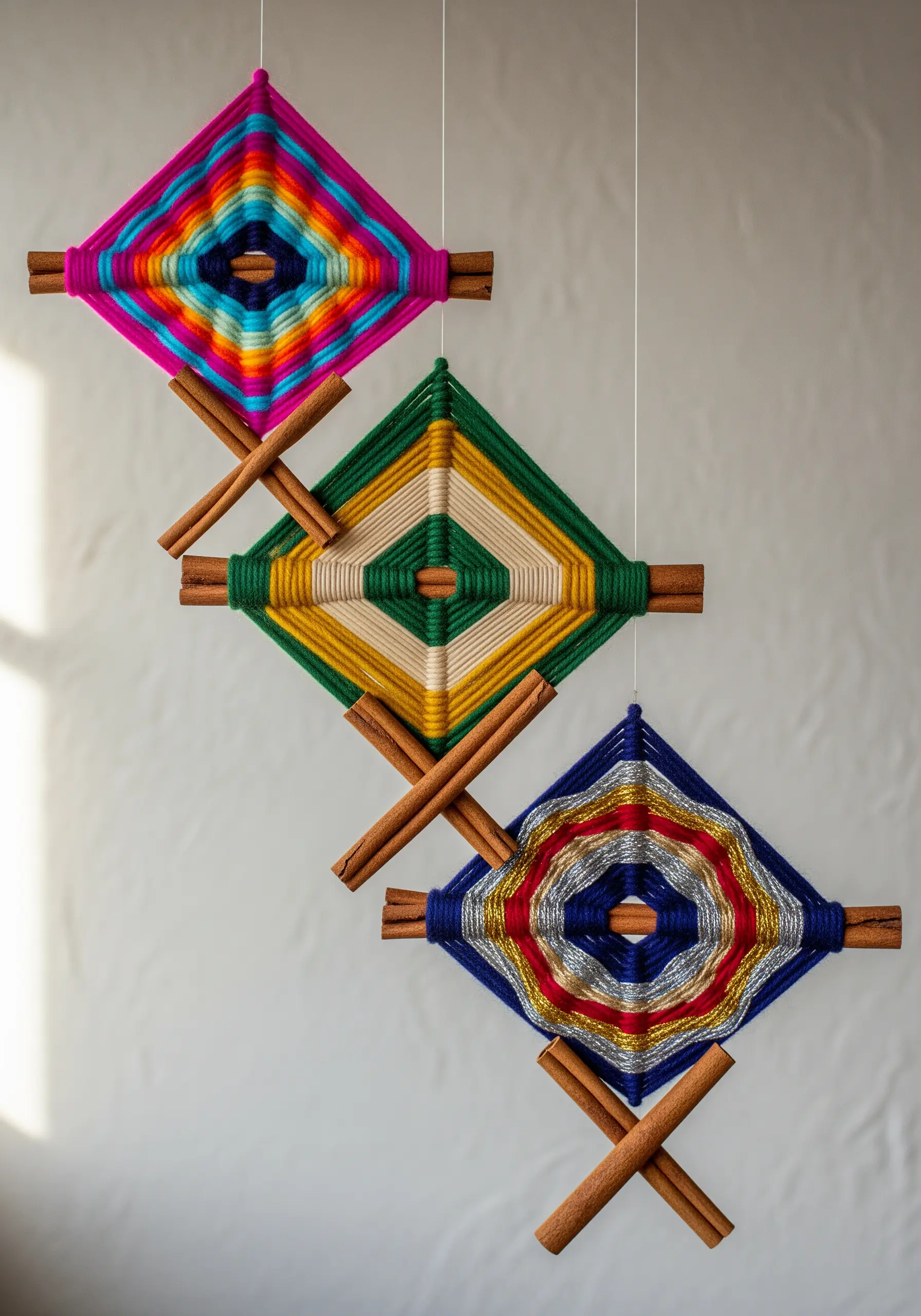 Three woven 'God's Eye' ornaments made with colorful yarn on cinnamon stick frames.