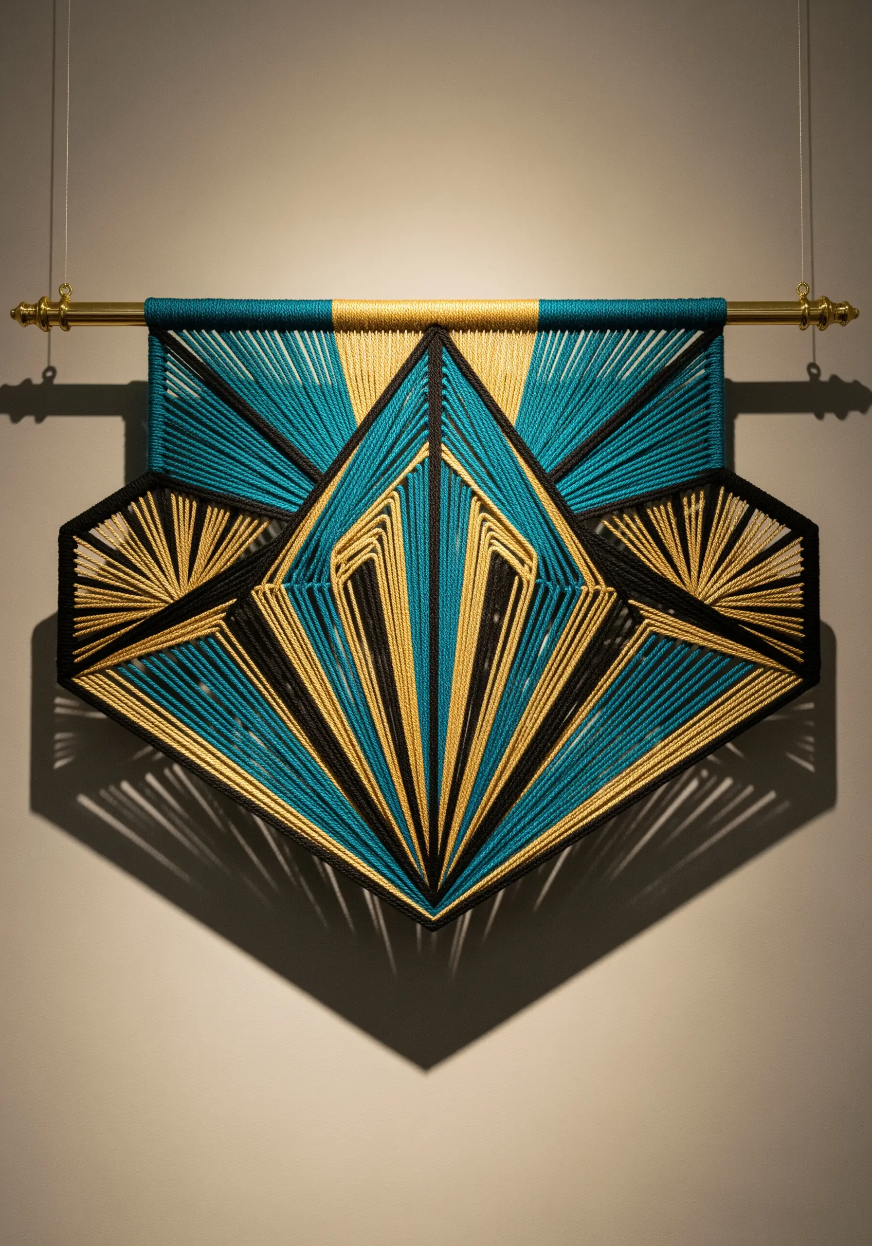 A geometric Art Deco-style string art piece in teal, black, and gold on a brass rod.