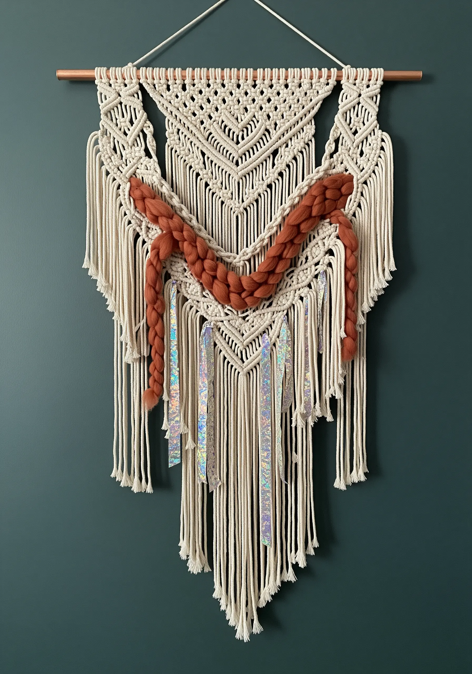 Macrame wall hanging with chunky rust-colored wool roving and iridescent ribbon details.