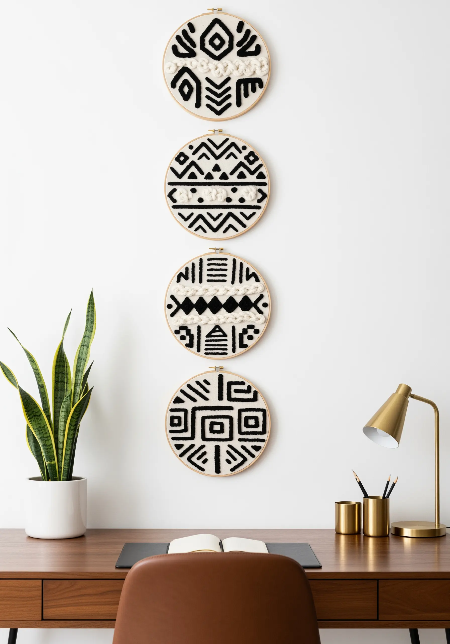 A vertical series of four hoops with abstract black and white punch needle and embroidery designs.