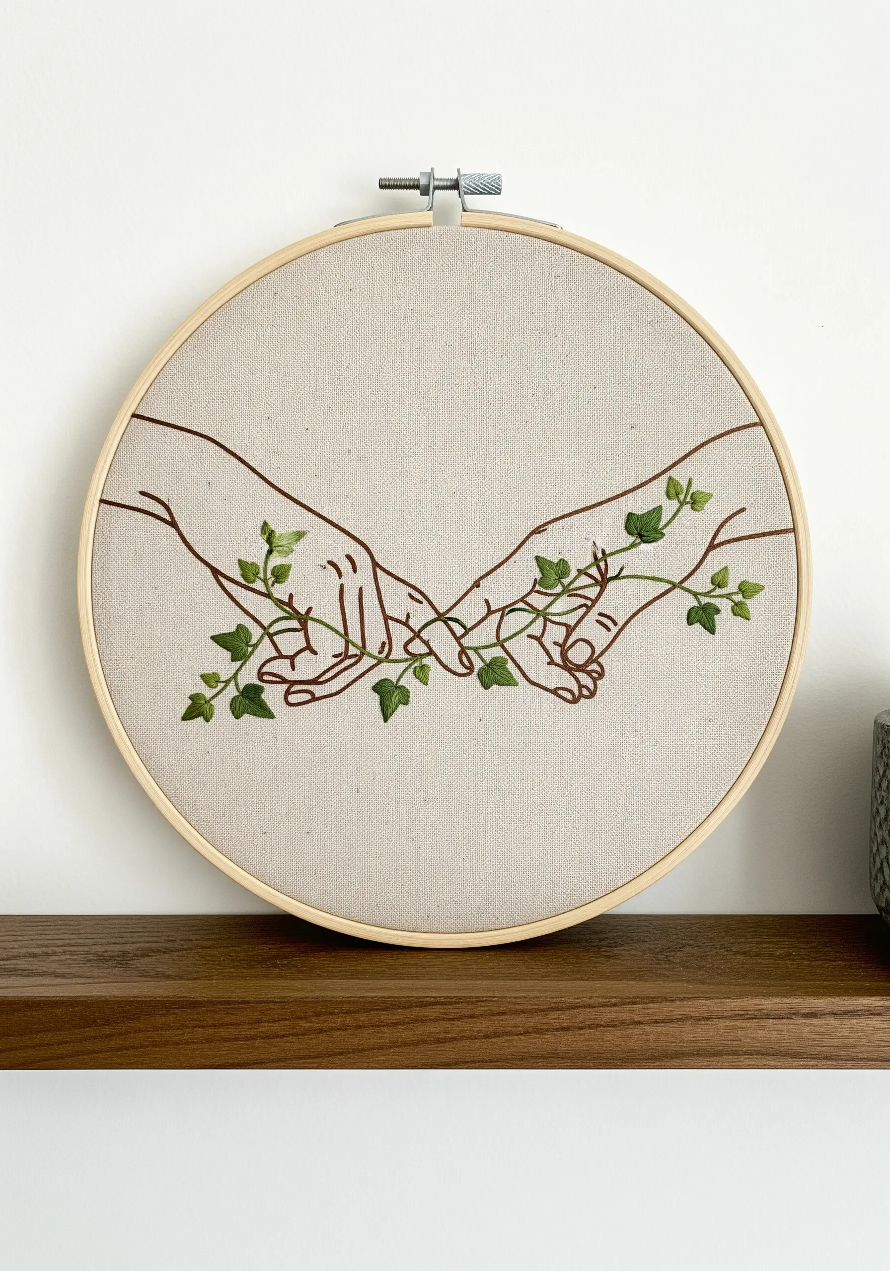 Two line art hands holding, with a green ivy vine woven through the fingers.
