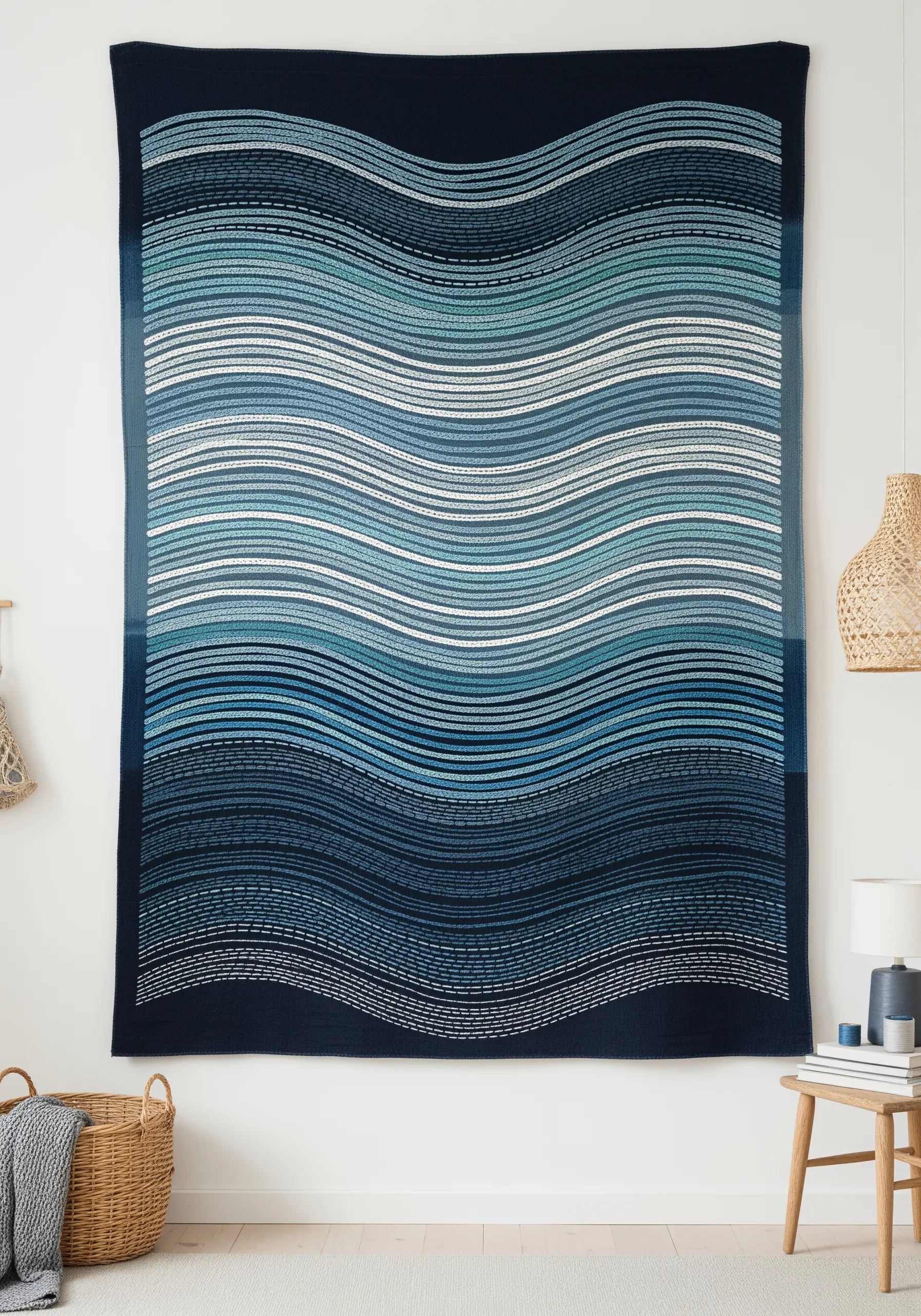 Large blue and white embroidered wall hanging with wavy horizontal lines.