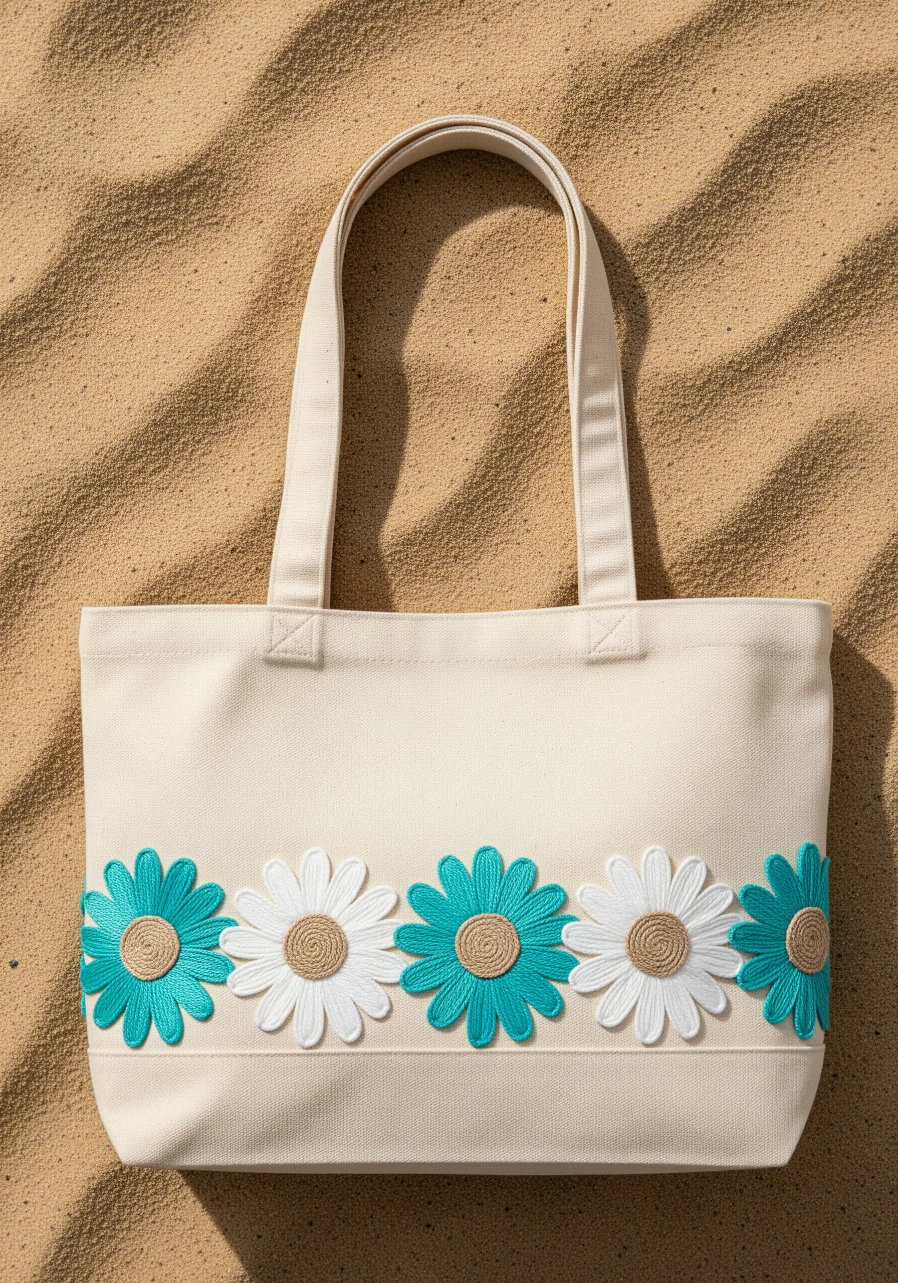 A border of turquoise and white daisies on a tote bag, some with woven centers.