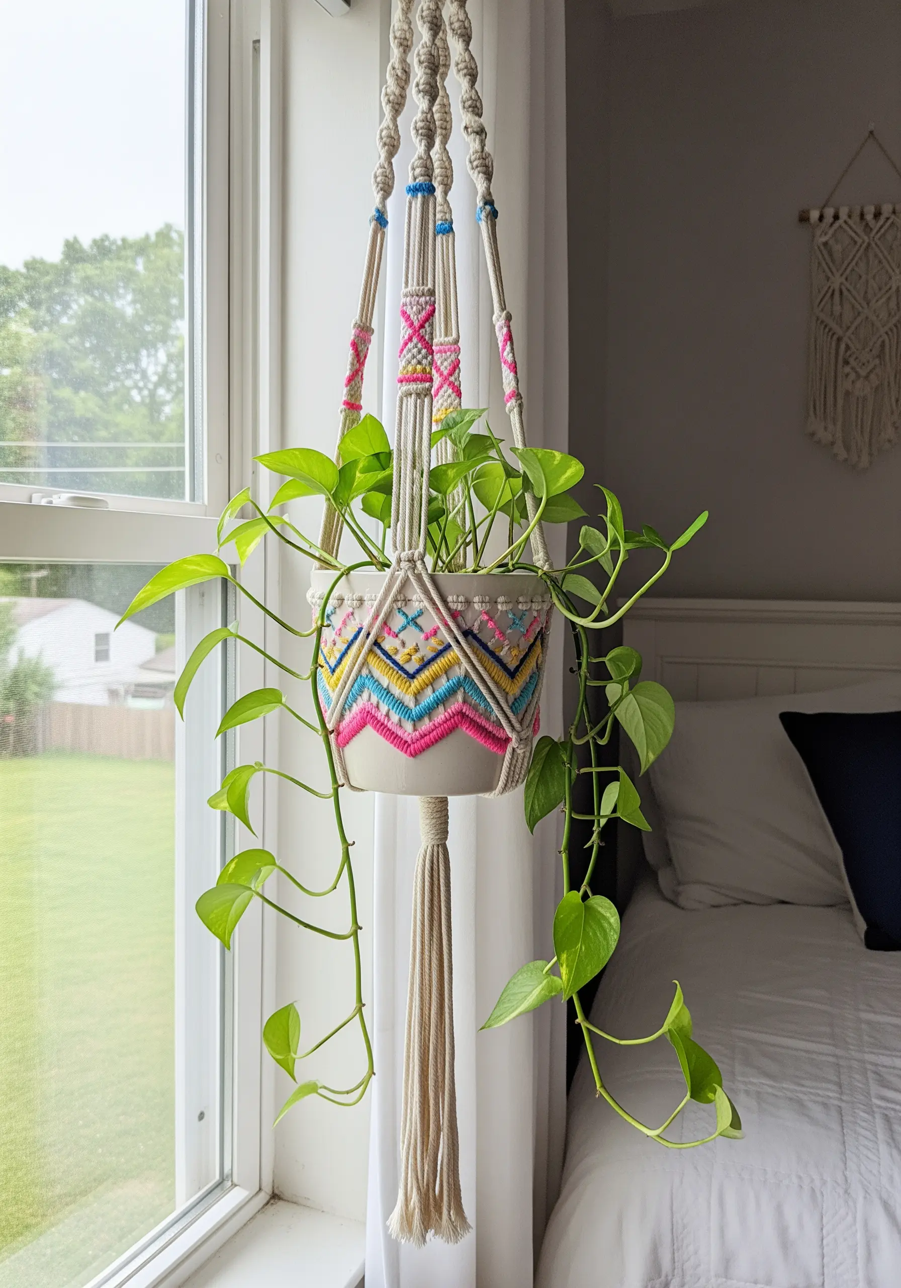 A macrame plant hanger with sections of the pot holder wrapped in colorful geometric patterns.