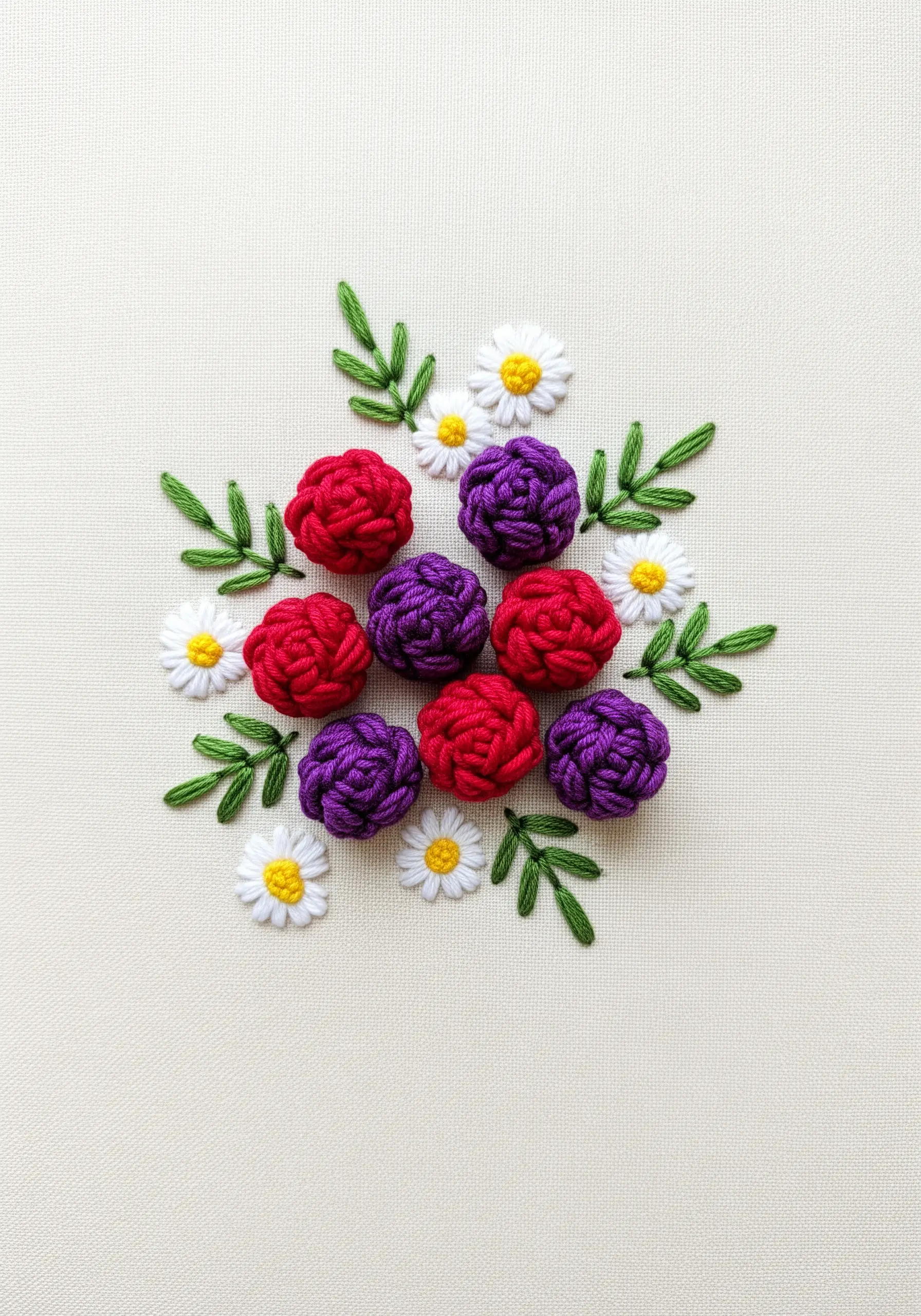 A cluster of red and purple woven wheel roses with small white daisies.