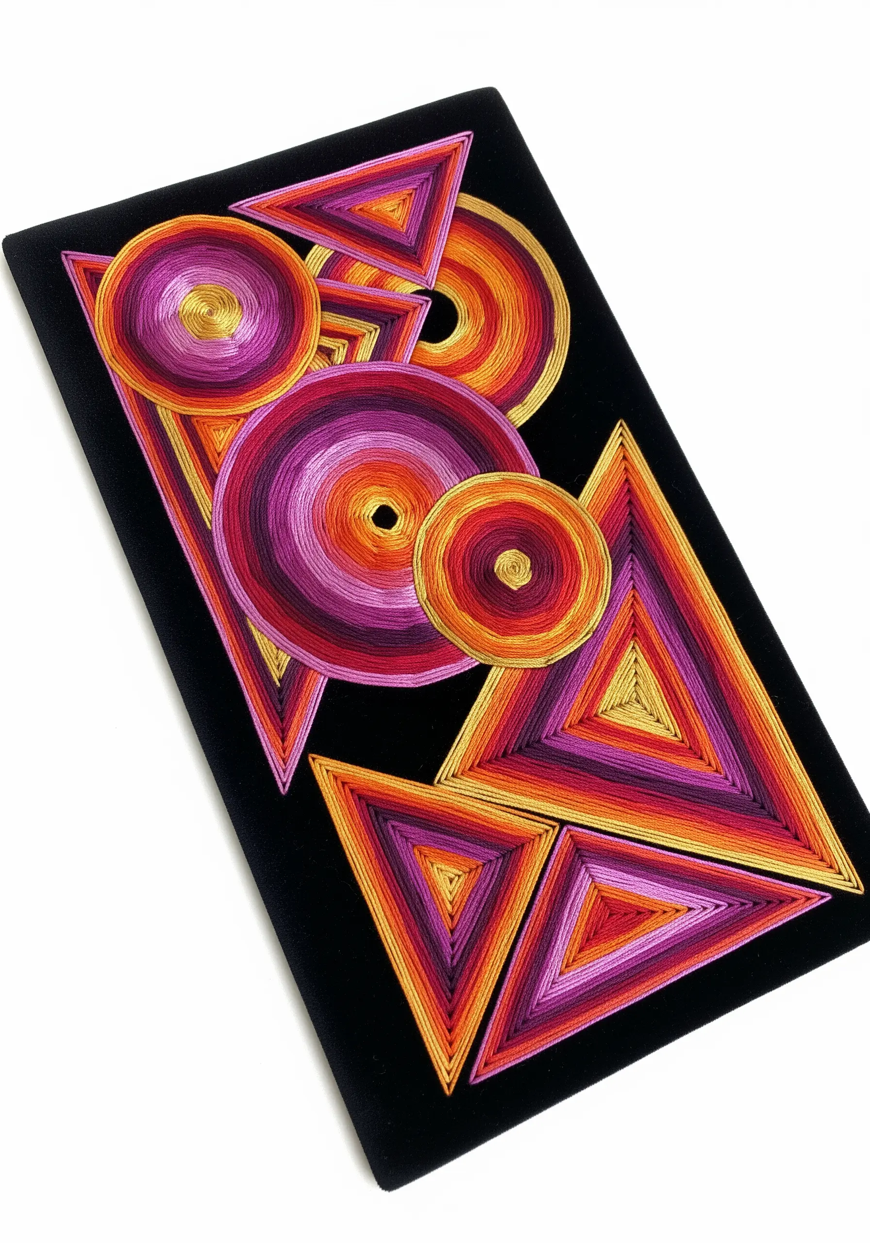 Geometric string art with concentric circles and triangles in warm magenta and orange tones.