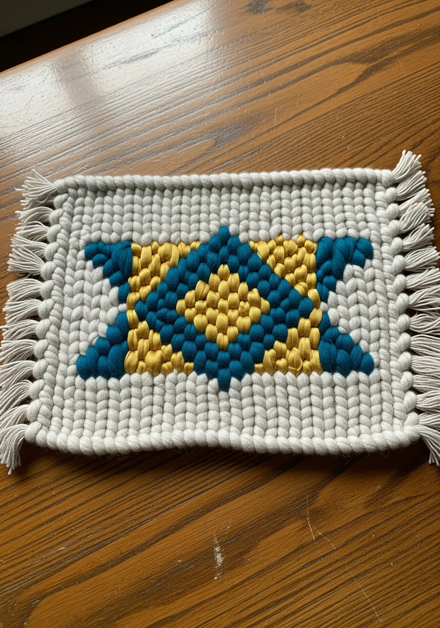 Small woven mat with a bold blue and yellow geometric pattern.