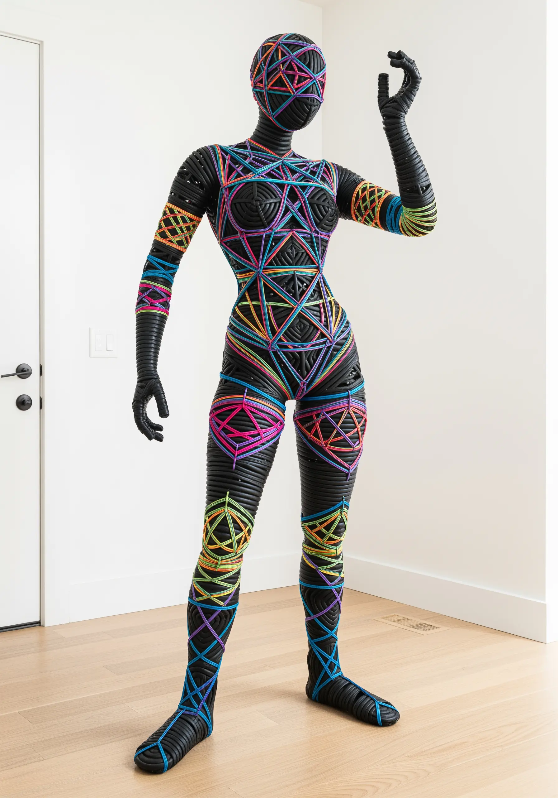 A black mannequin form wrapped tightly with colorful elastic bands in geometric patterns.