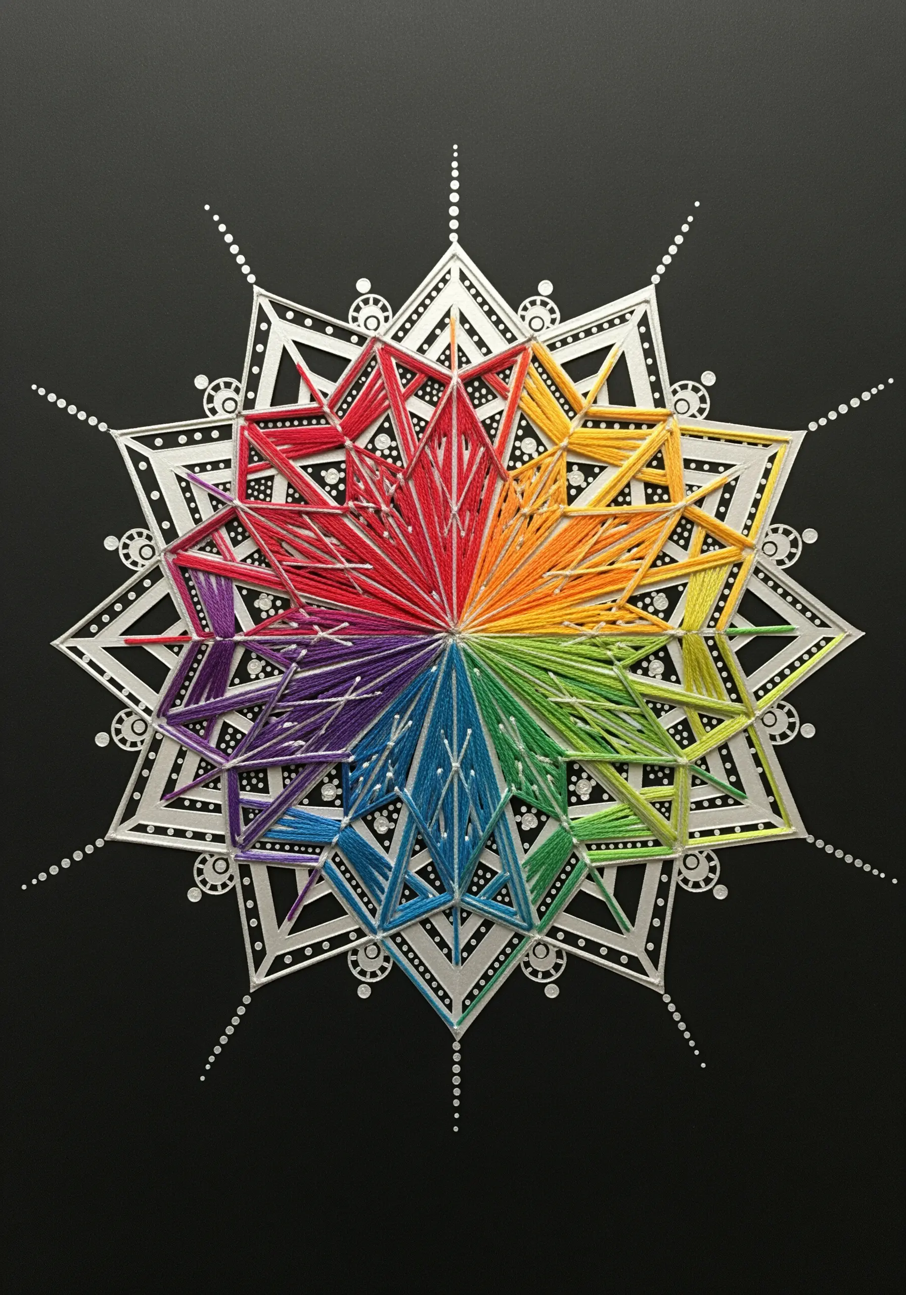 A geometric mandala created with colorful thread woven between points on a silver design.