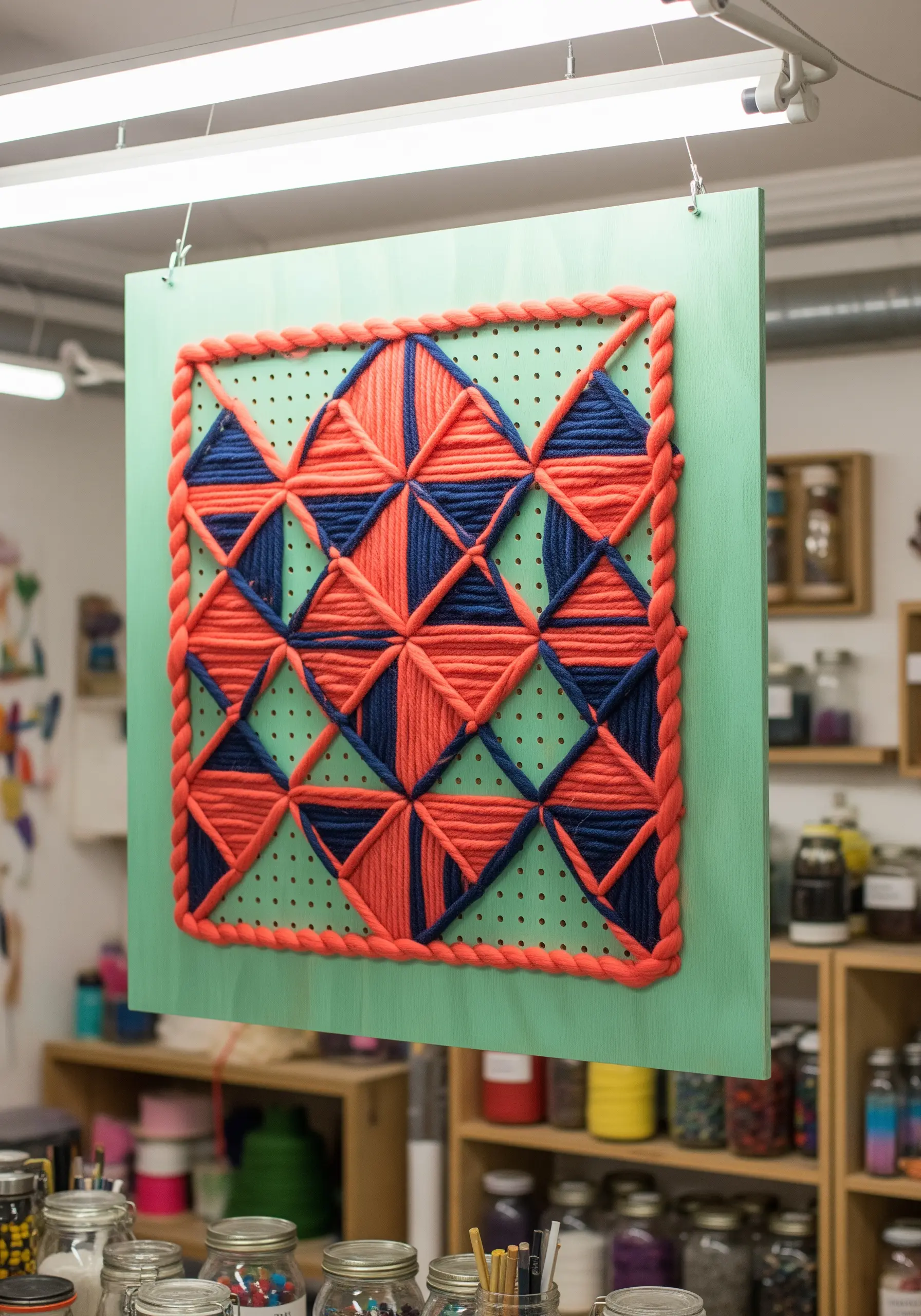 A geometric pattern in red and blue yarn woven onto a green pegboard.