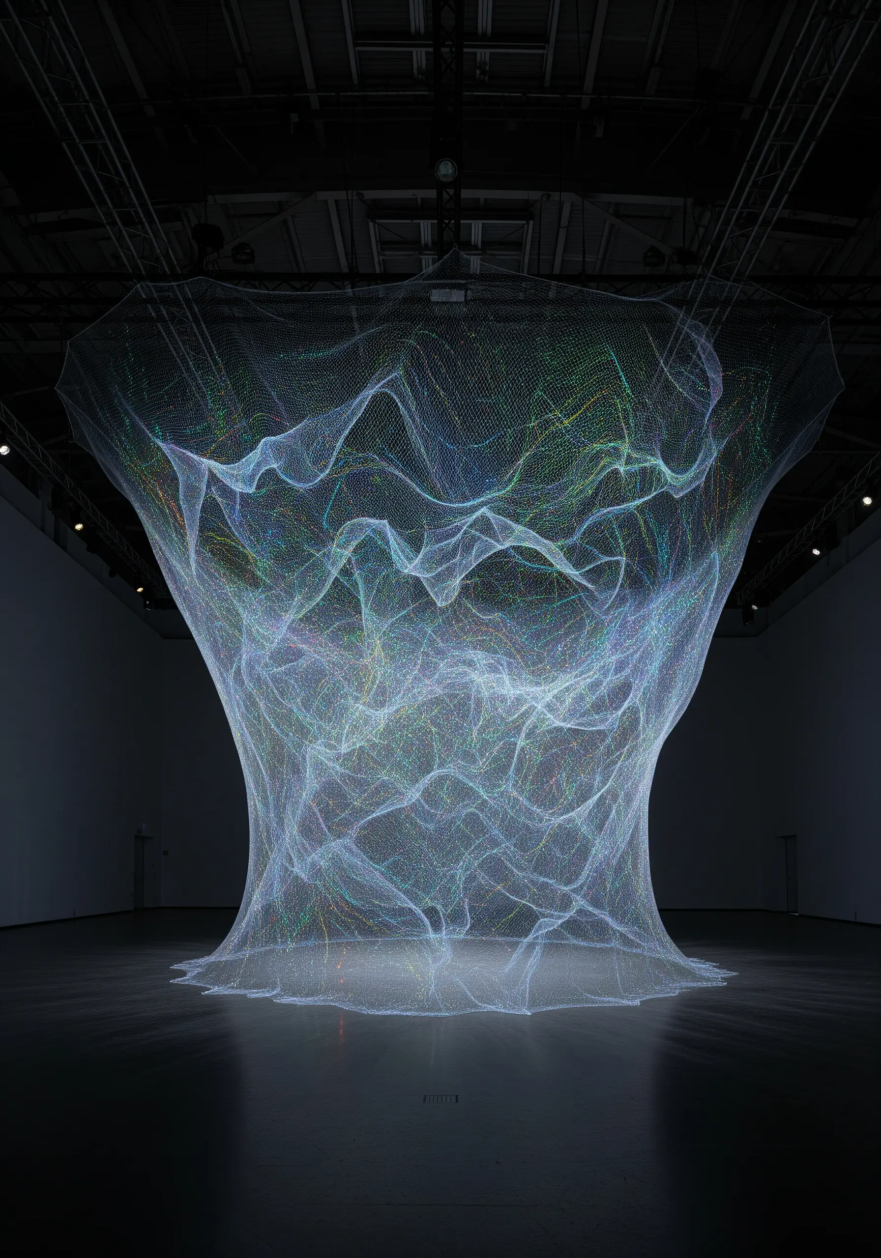 A large, shimmering, net-like sculpture woven from fine, iridescent threads in a dark space.