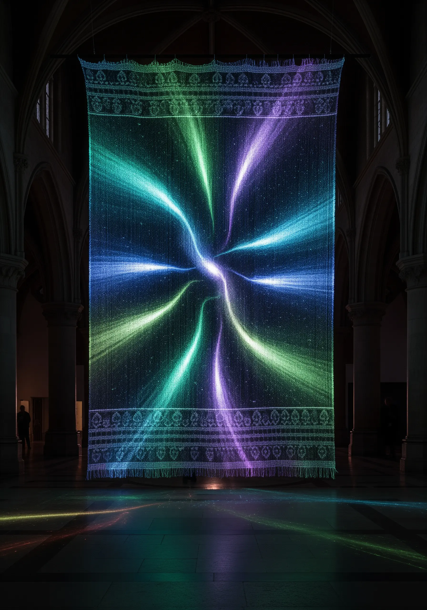 Satin-stitched area with metallic thread woven in, catching the light.