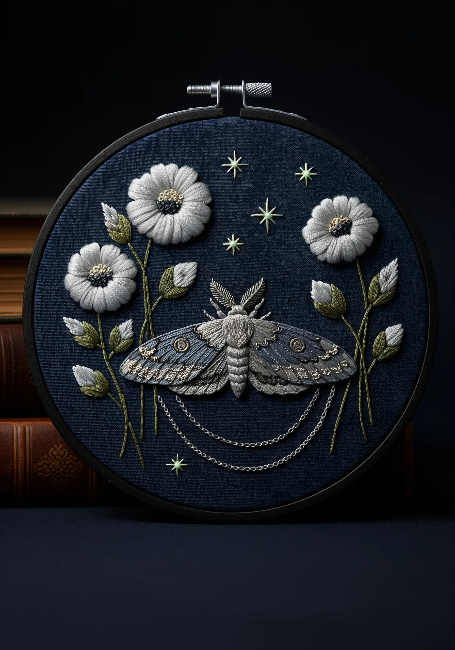 A luna moth with metallic thread details surrounded by white anemone flowers on navy fabric.