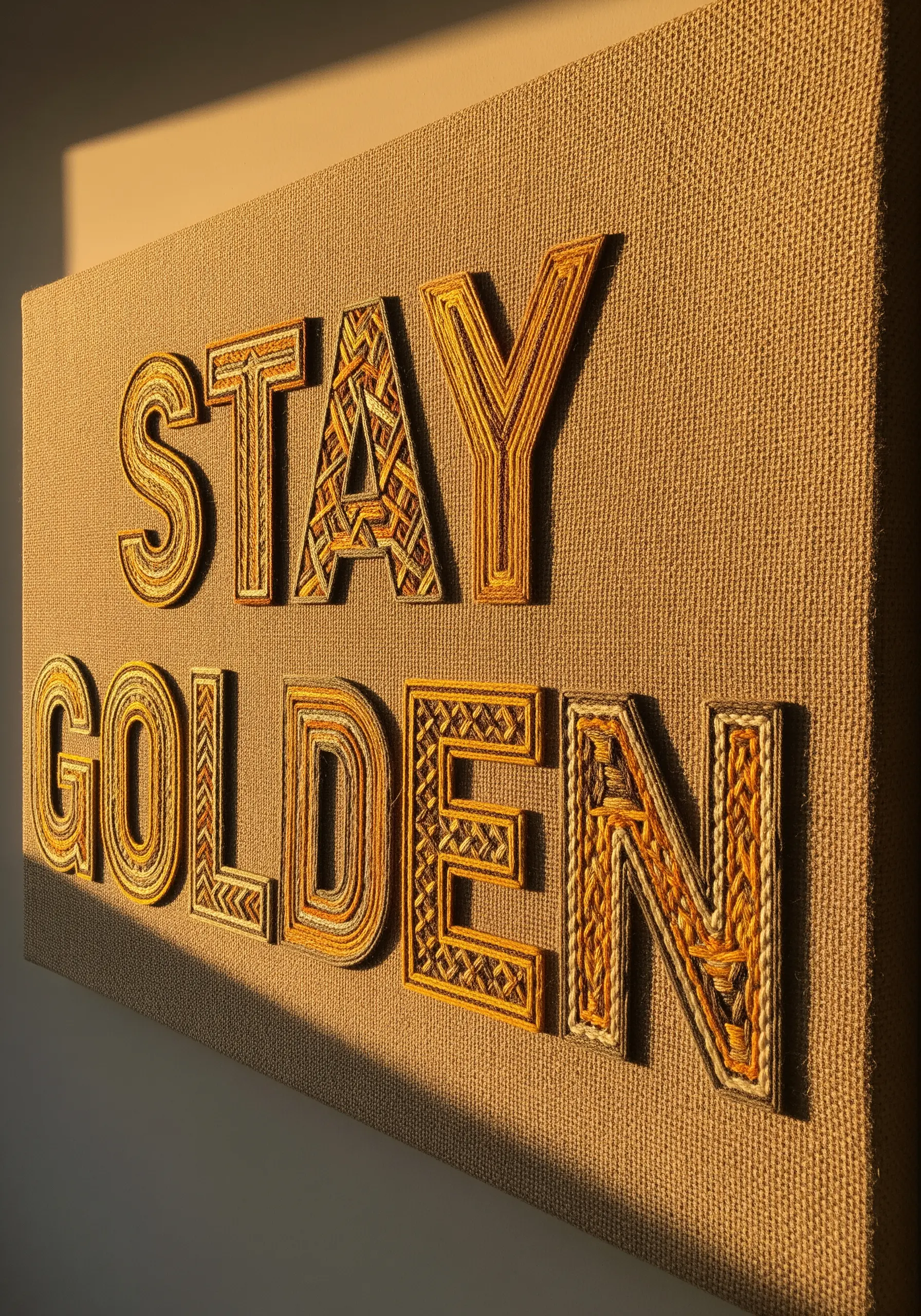 Raised letters with intricate gold and brown woven thread patterns on a burlap canvas.